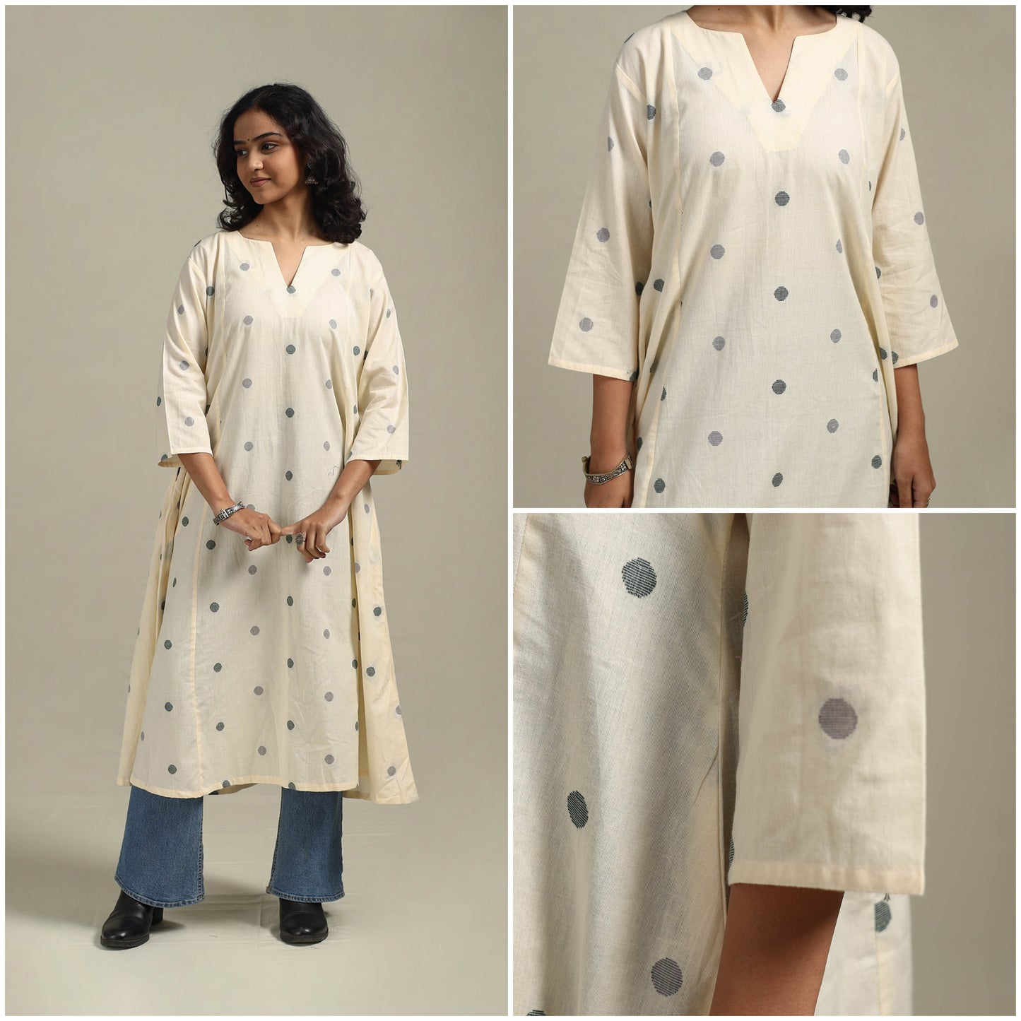 Beige - a-line cotton jacquard kurta 17 - handcrafted