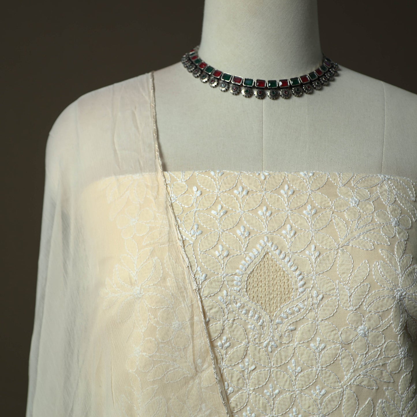 Beige - lucknowi hand embroidered cotton chikankari 3pc