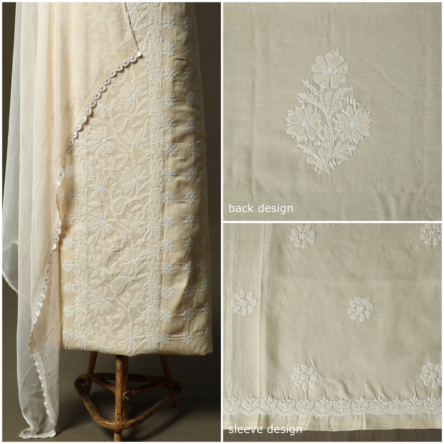 Beige - lucknowi hand embroidered cotton chikankari 3pc