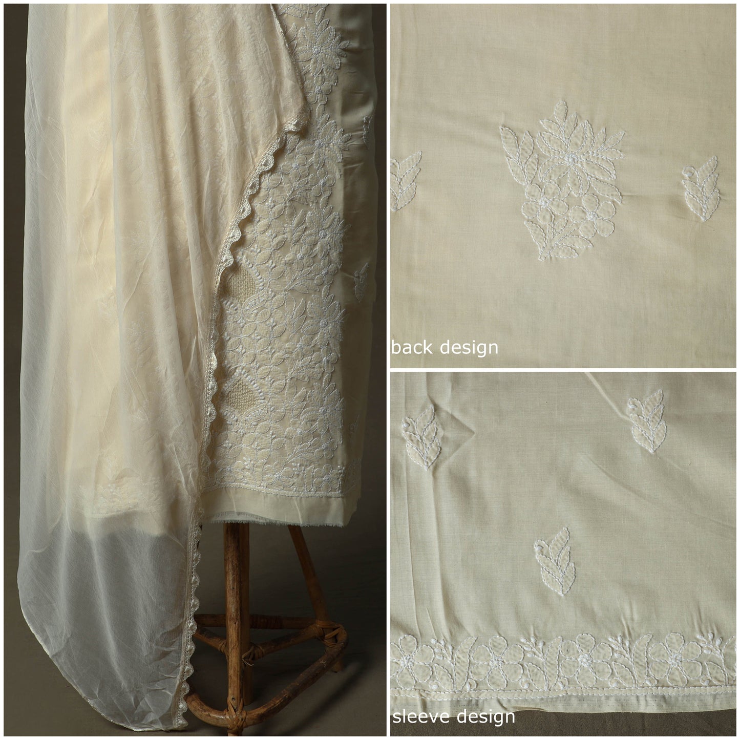 Beige - lucknowi hand embroidered cotton chikankari 3pc