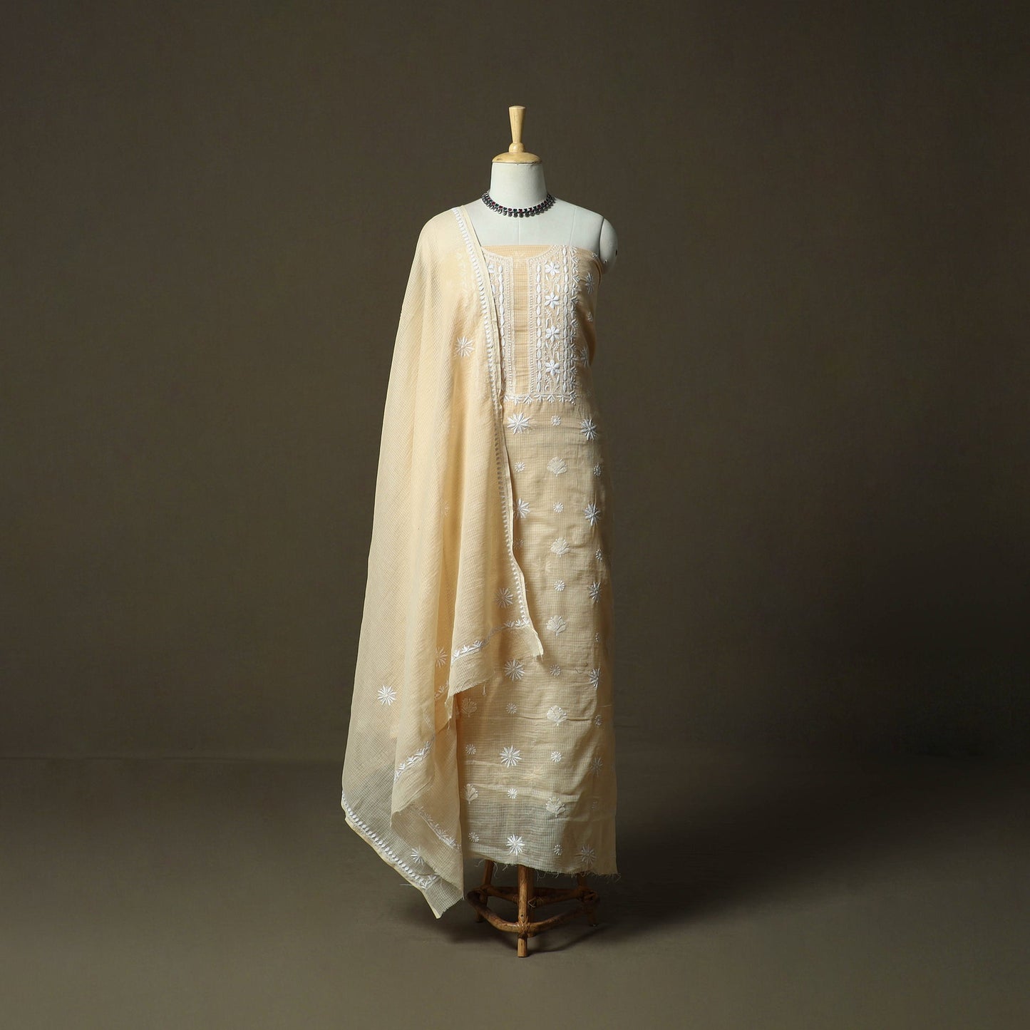 Beige - lucknowi hand embroidered kota doria cotton