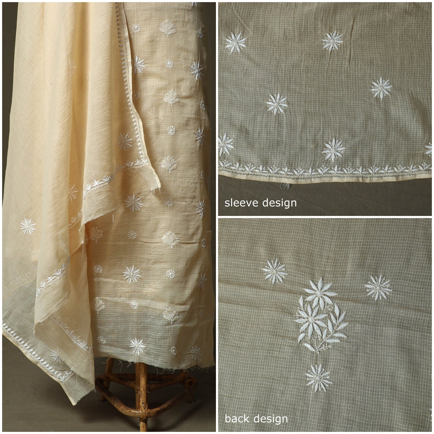 Beige - lucknowi hand embroidered kota doria cotton