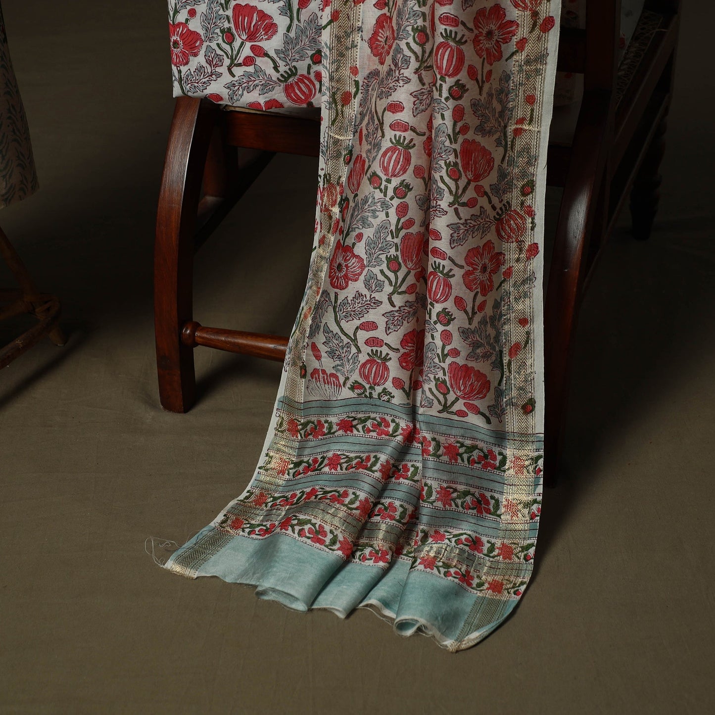 Maheshwari silk hand block sanganeri print 3pc unstitched