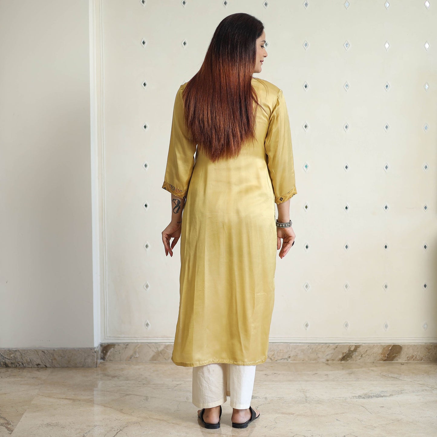Beige - modal silk plain long straight kurta 34