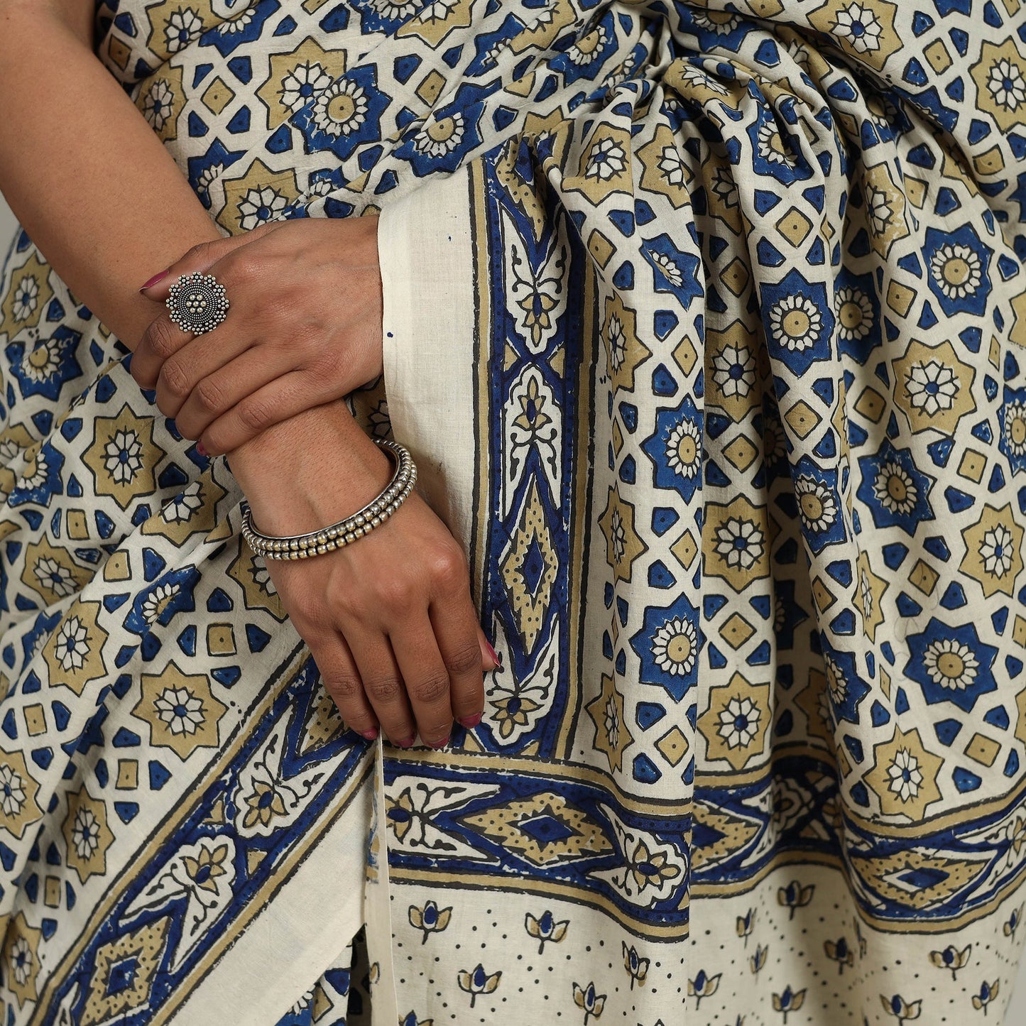 Multicolor - Mul Cotton Block Print Ajrakh Saree 06