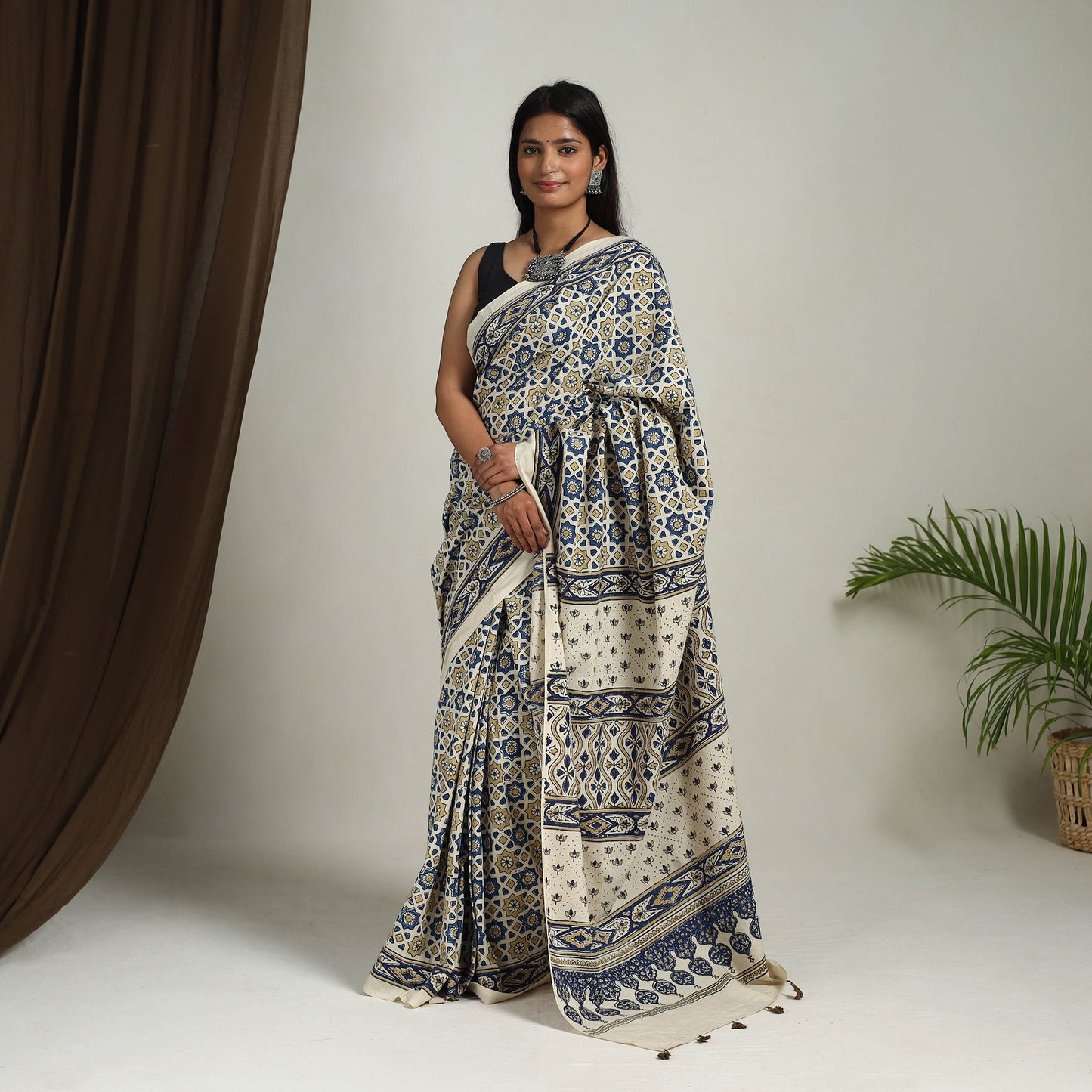 Multicolor - Mul Cotton Block Print Ajrakh Saree 06