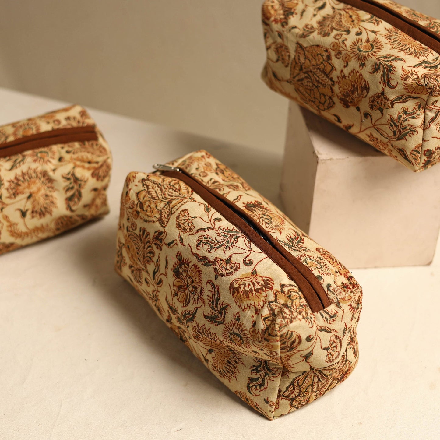 Beige Multipurpose Handmade Toiletry Bags (Set of 3)