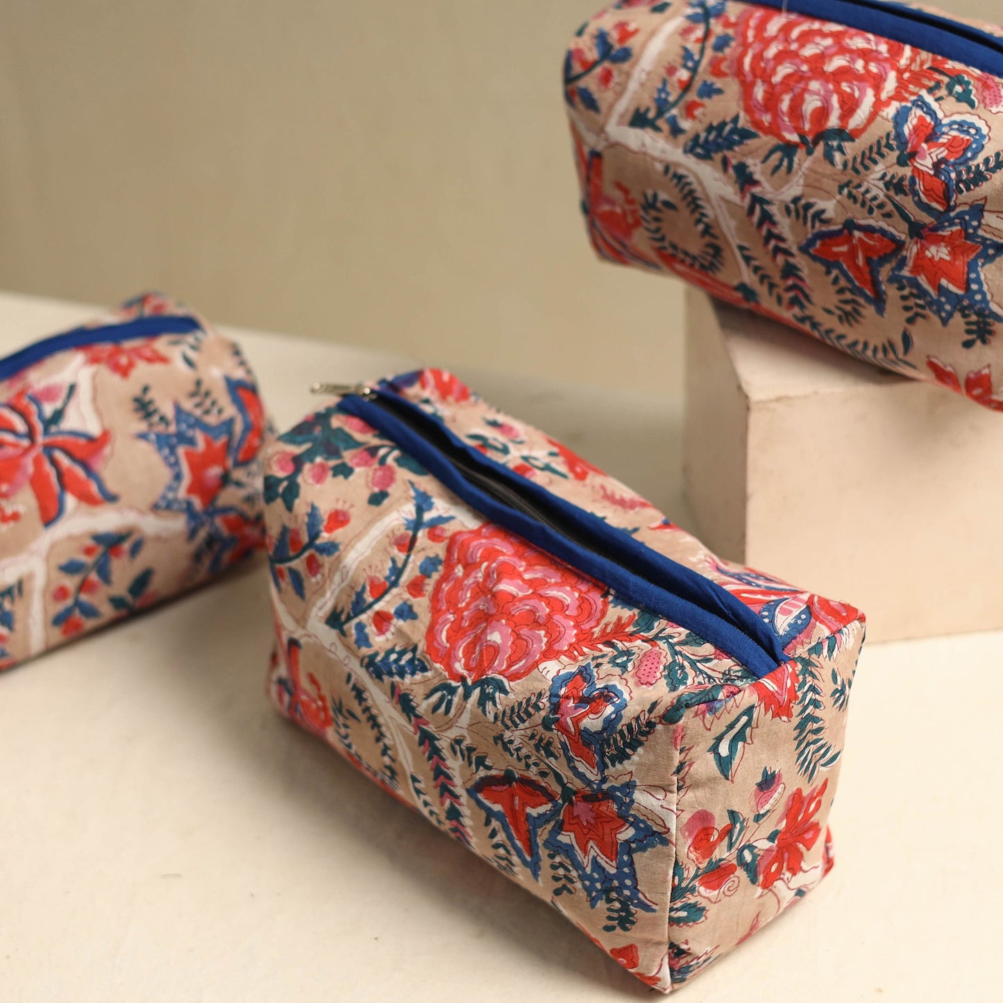Beige Multipurpose Handmade Toiletry Bags (Set of 3)