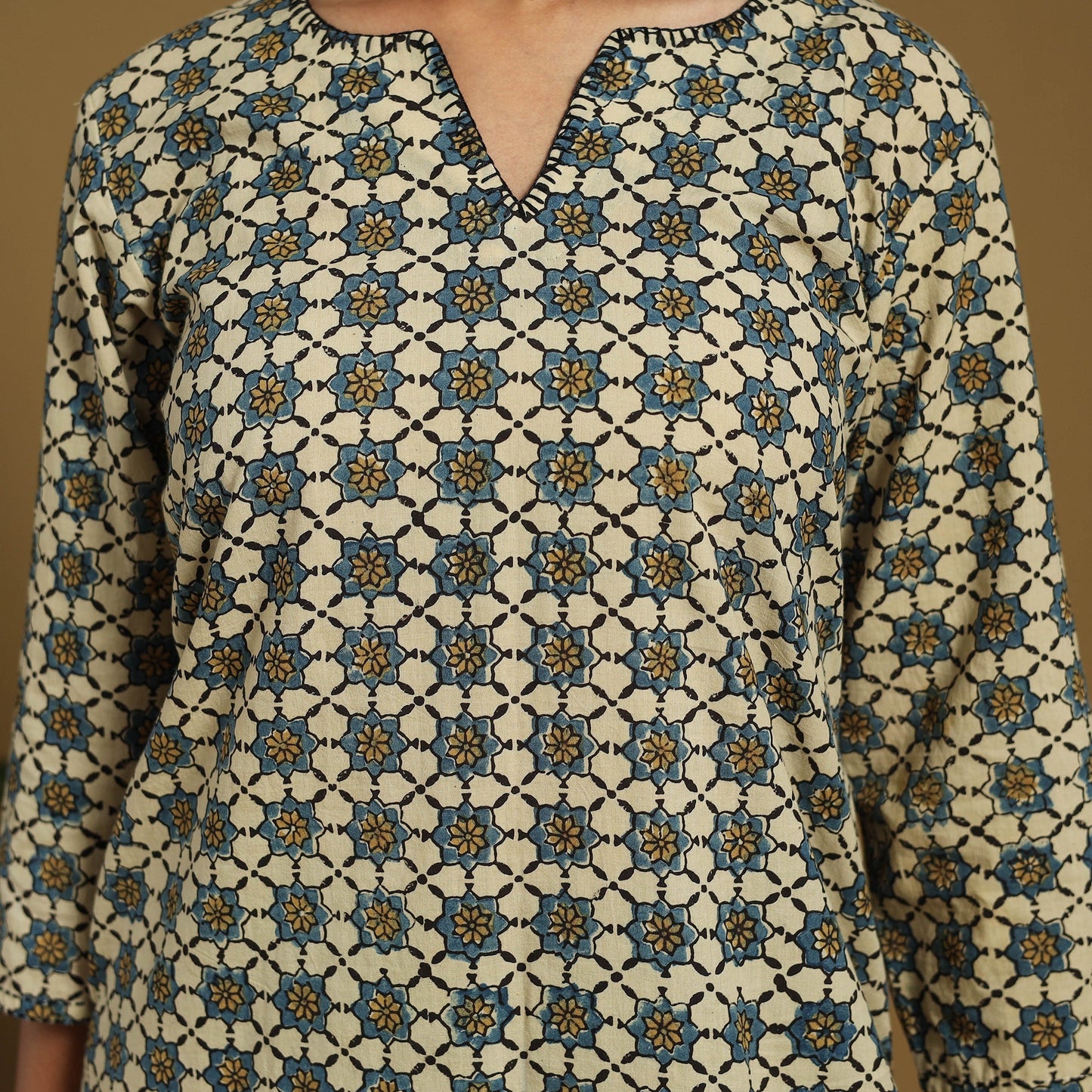 Beige Natural Dyed Block Print Cotton Ajrakh Kurta Set (Set of 3)