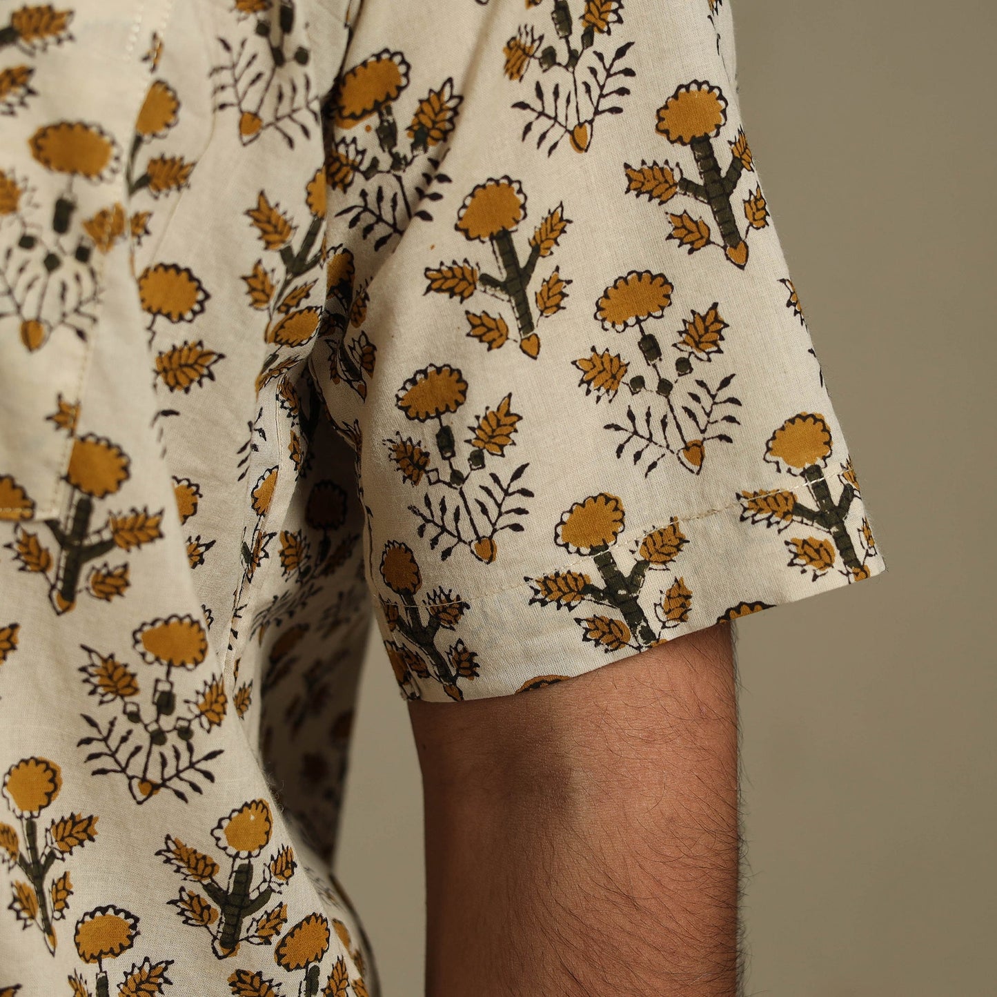 Beige - natural dyed cotton men half sleeve bagru shirt 03