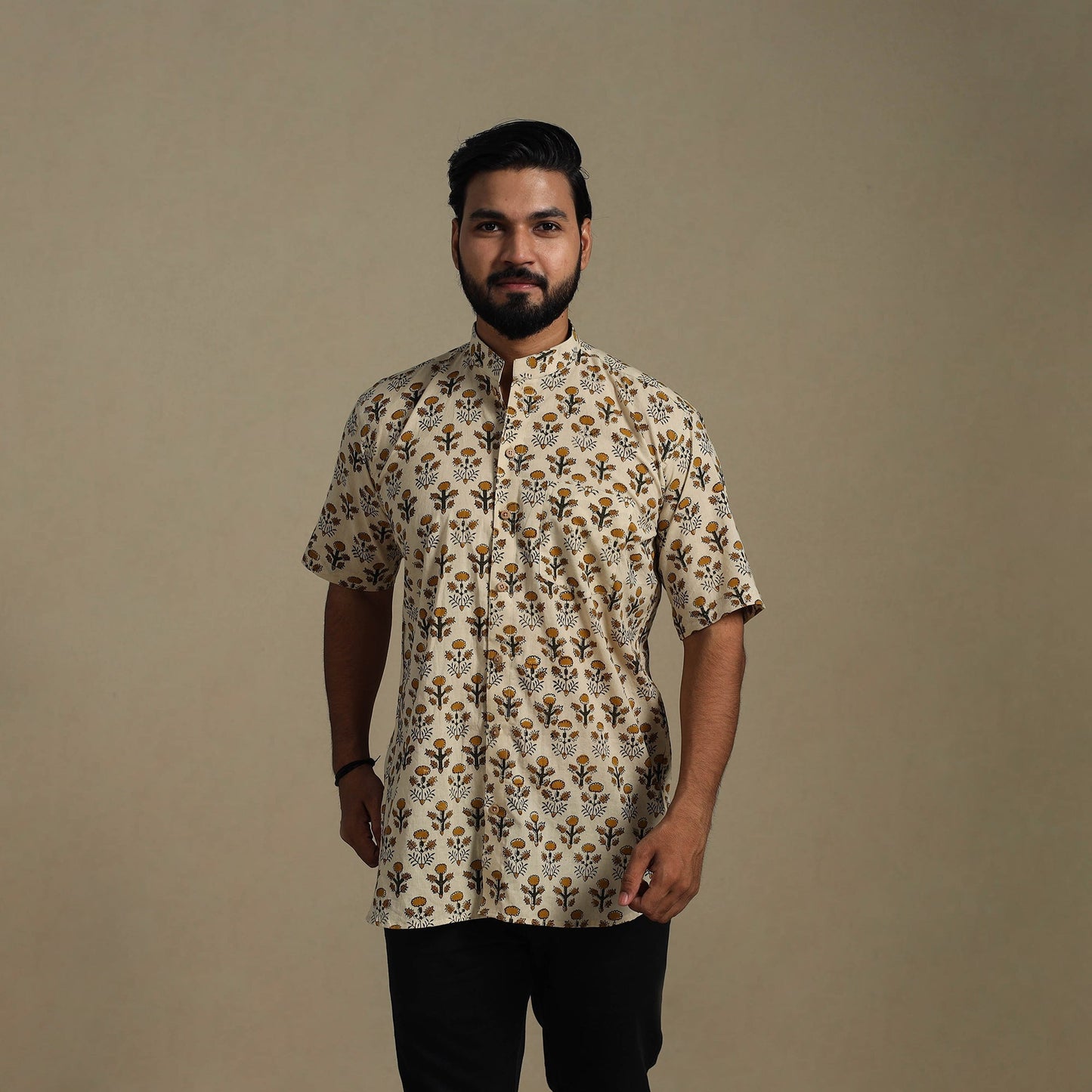 Beige - natural dyed cotton men half sleeve bagru shirt 03
