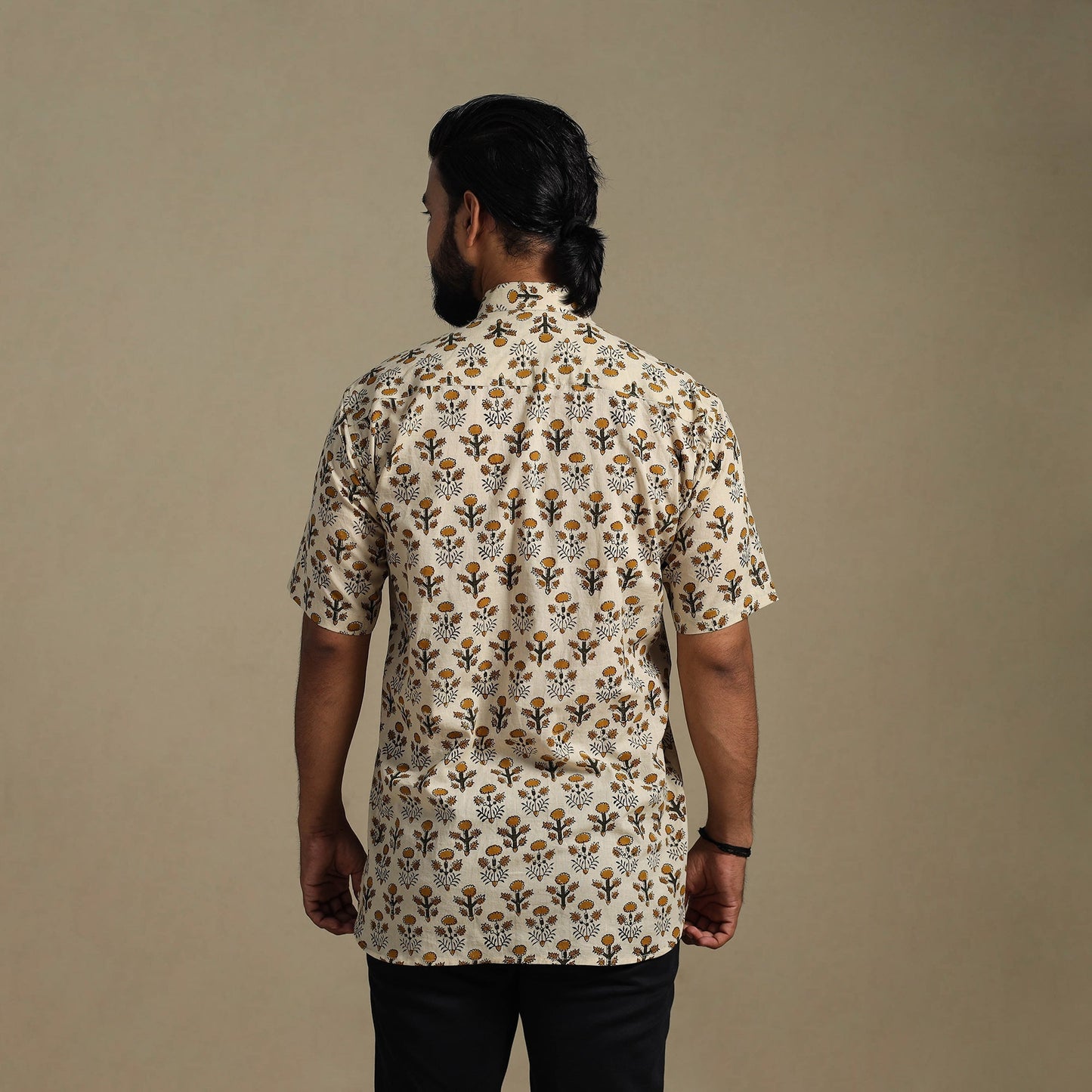 Beige - natural dyed cotton men half sleeve bagru shirt 03