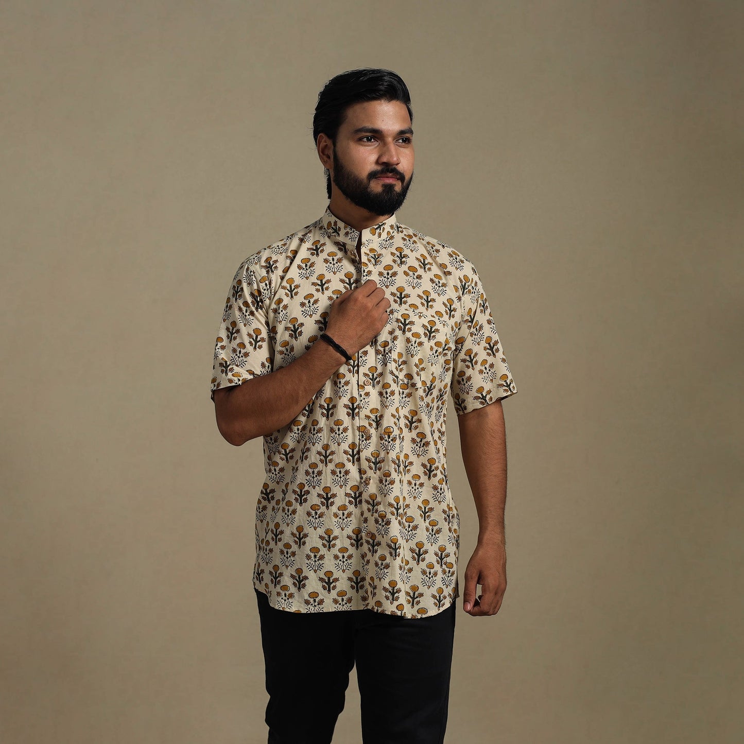 Beige - natural dyed cotton men half sleeve bagru shirt 03