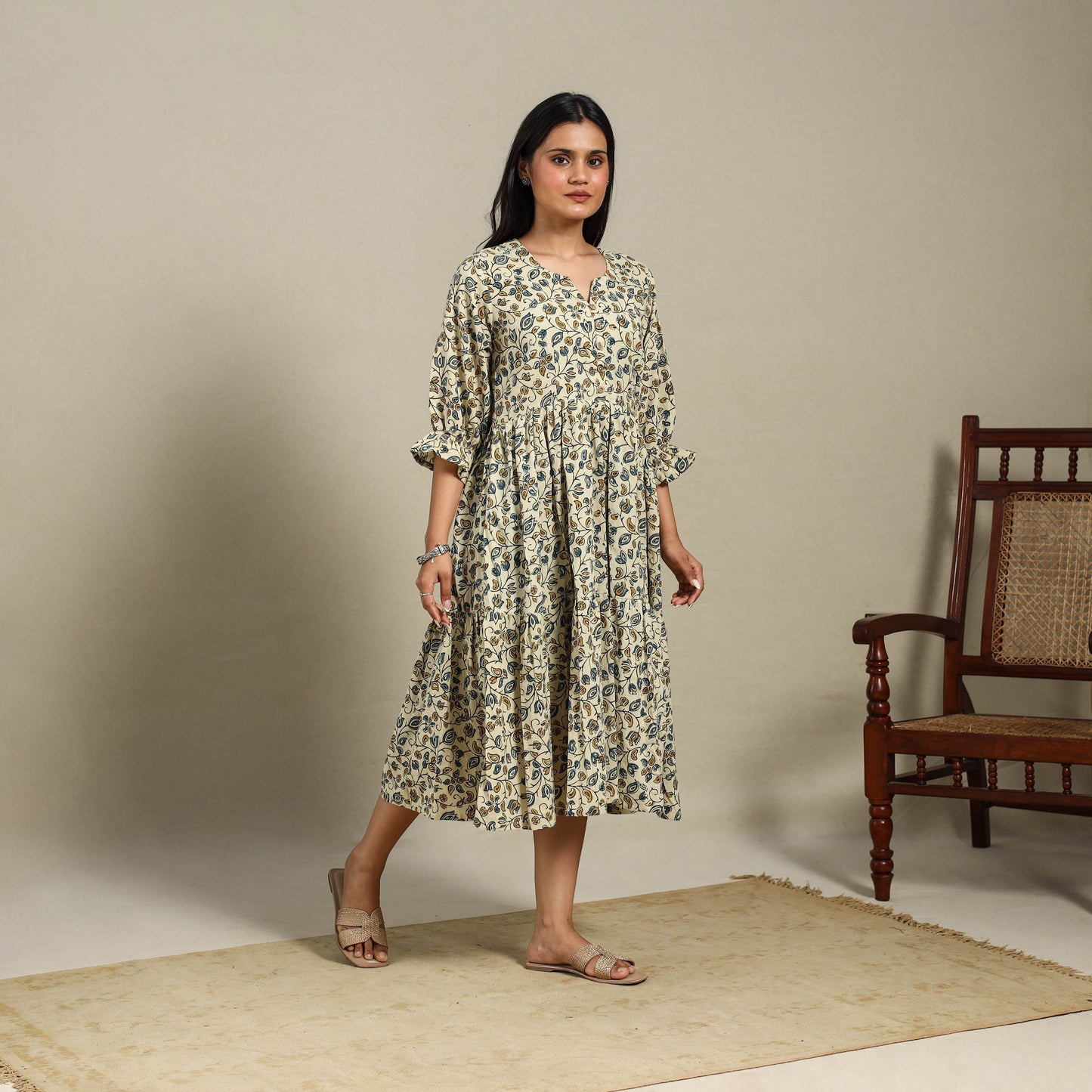Beige - natural dyed cotton tiered dress 10 - handcrafted
