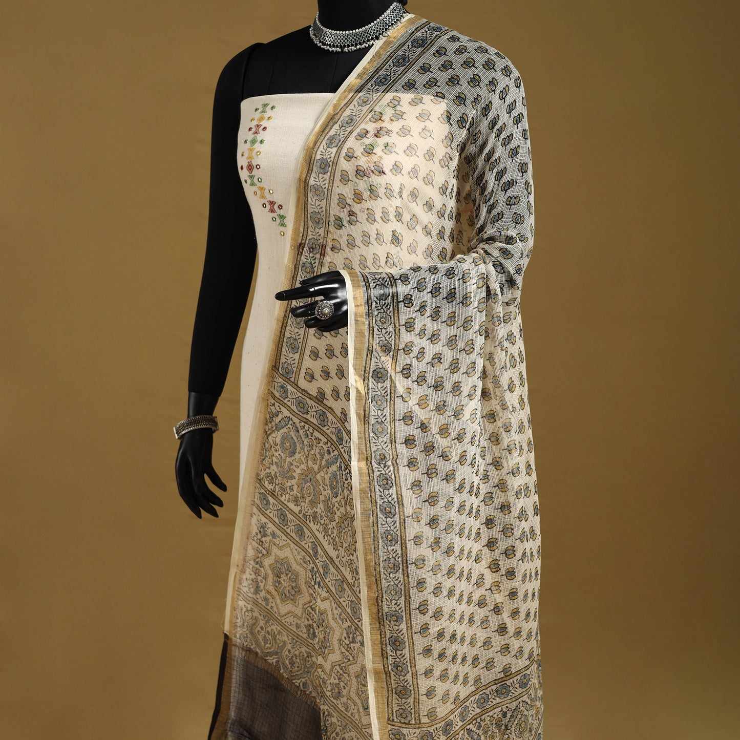 Beige - natural dyed kota doria cotton dupatta 08