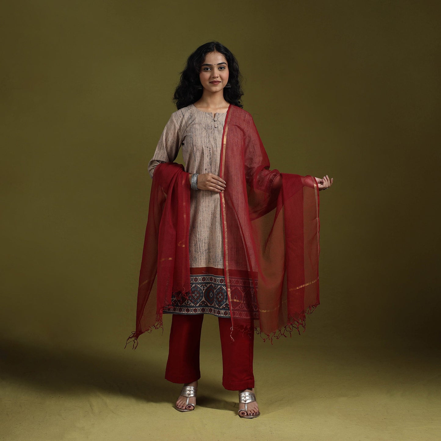 Natural dyed brush design ajrakh print cotton suit set
