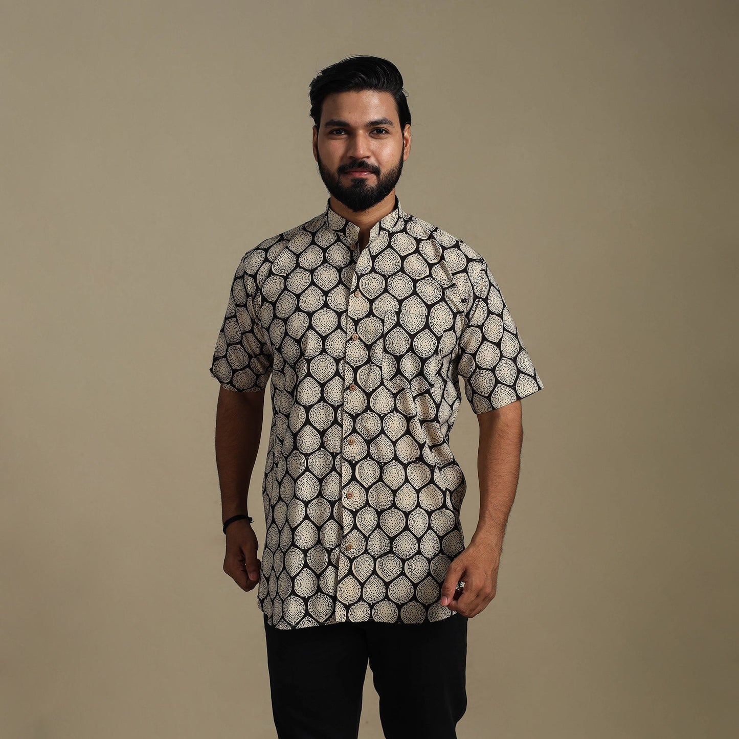 Beige - natural dyed cotton men half sleeve bagru shirt 07