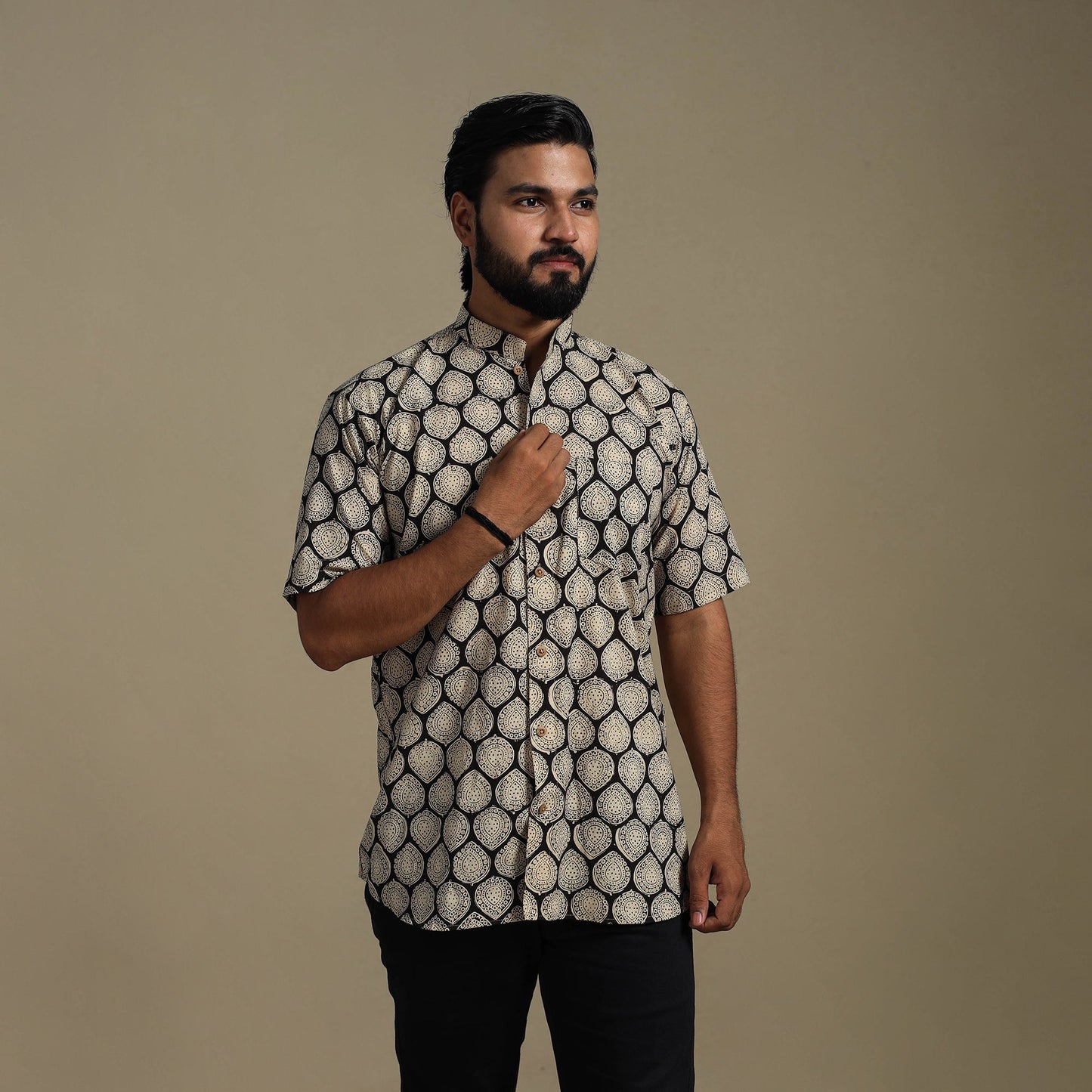 Beige - natural dyed cotton men half sleeve bagru shirt 07