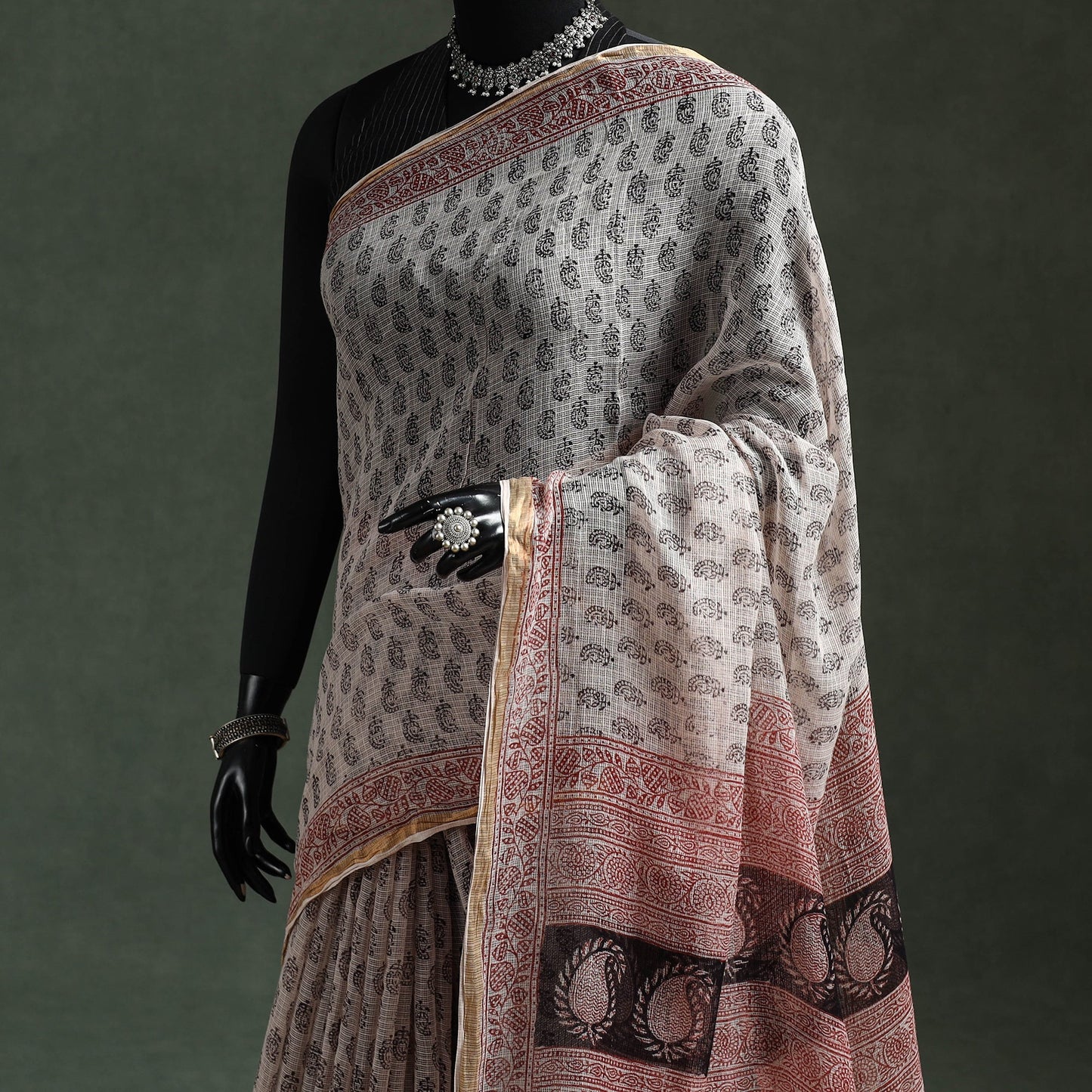 Natural dyed kota doria cotton hand block bagh print saree