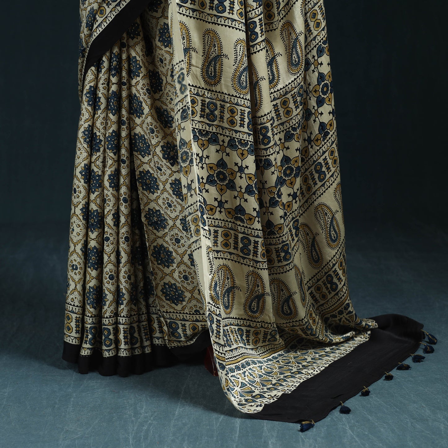 Natural dyed modal silk kutch hand block print ajrakh saree