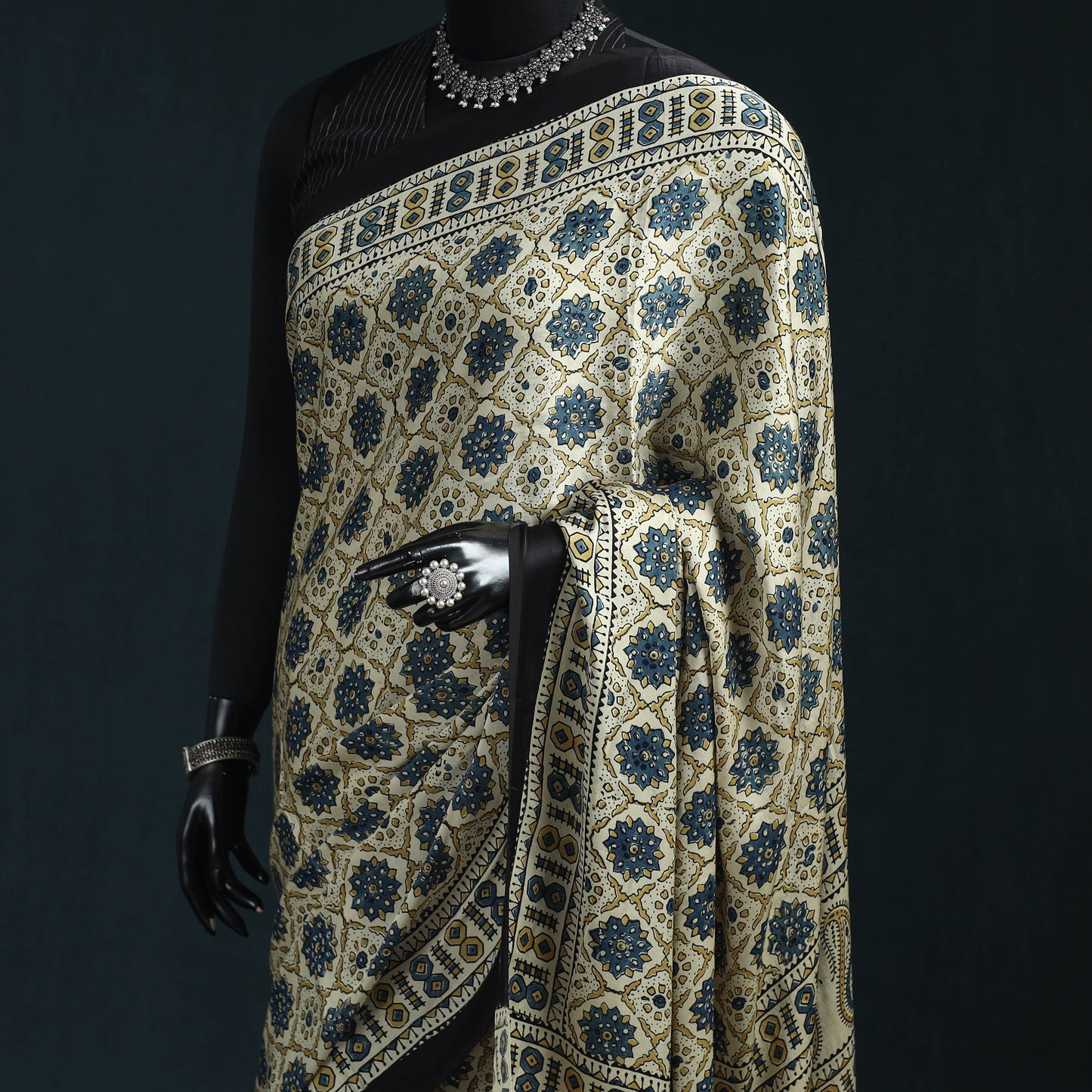 Natural dyed modal silk kutch hand block print ajrakh saree