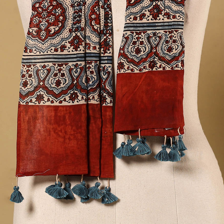 Beige Natural Dyed Block Print Mul Cotton Ajrakh Stole