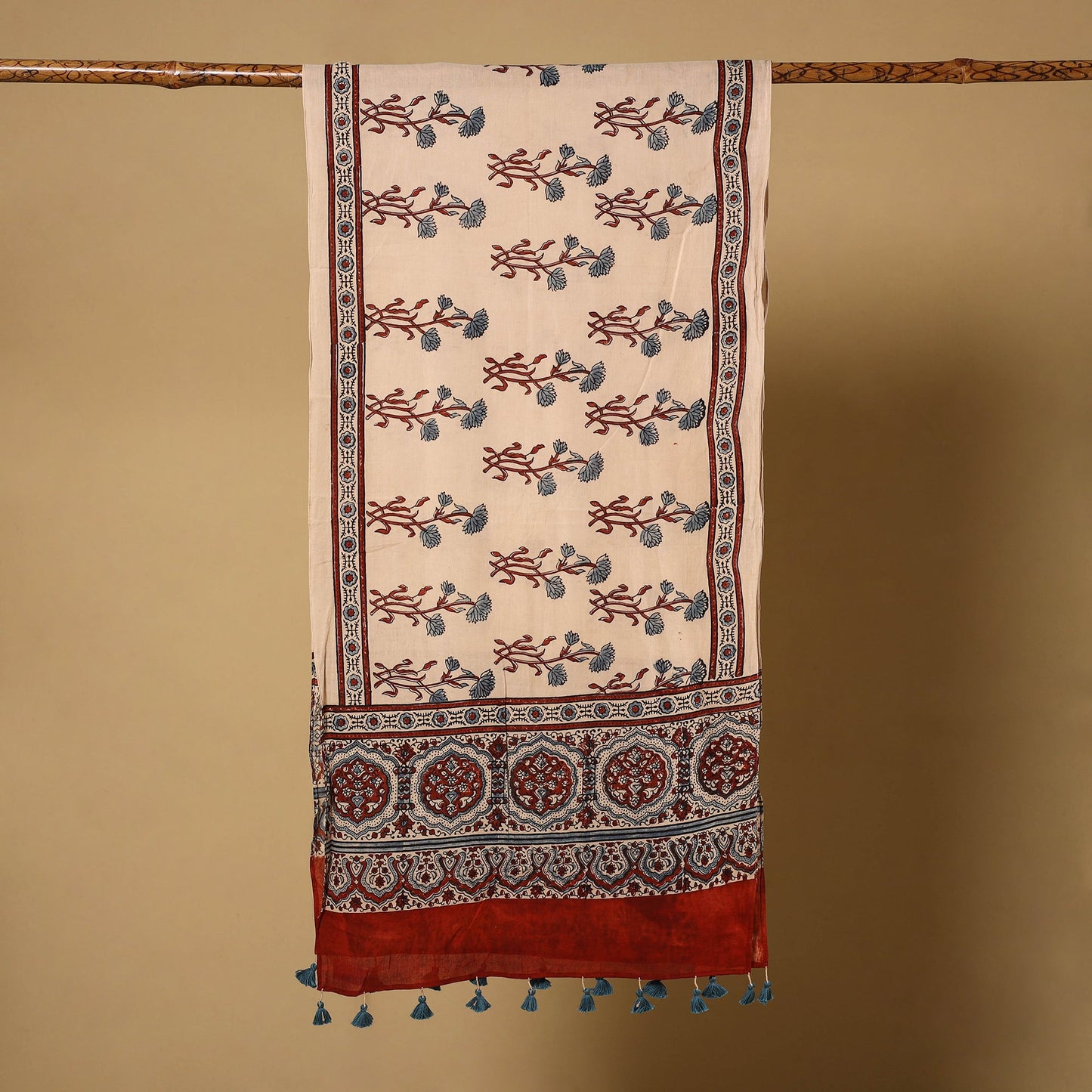 Beige Natural Dyed Block Print Mul Cotton Ajrakh Stole