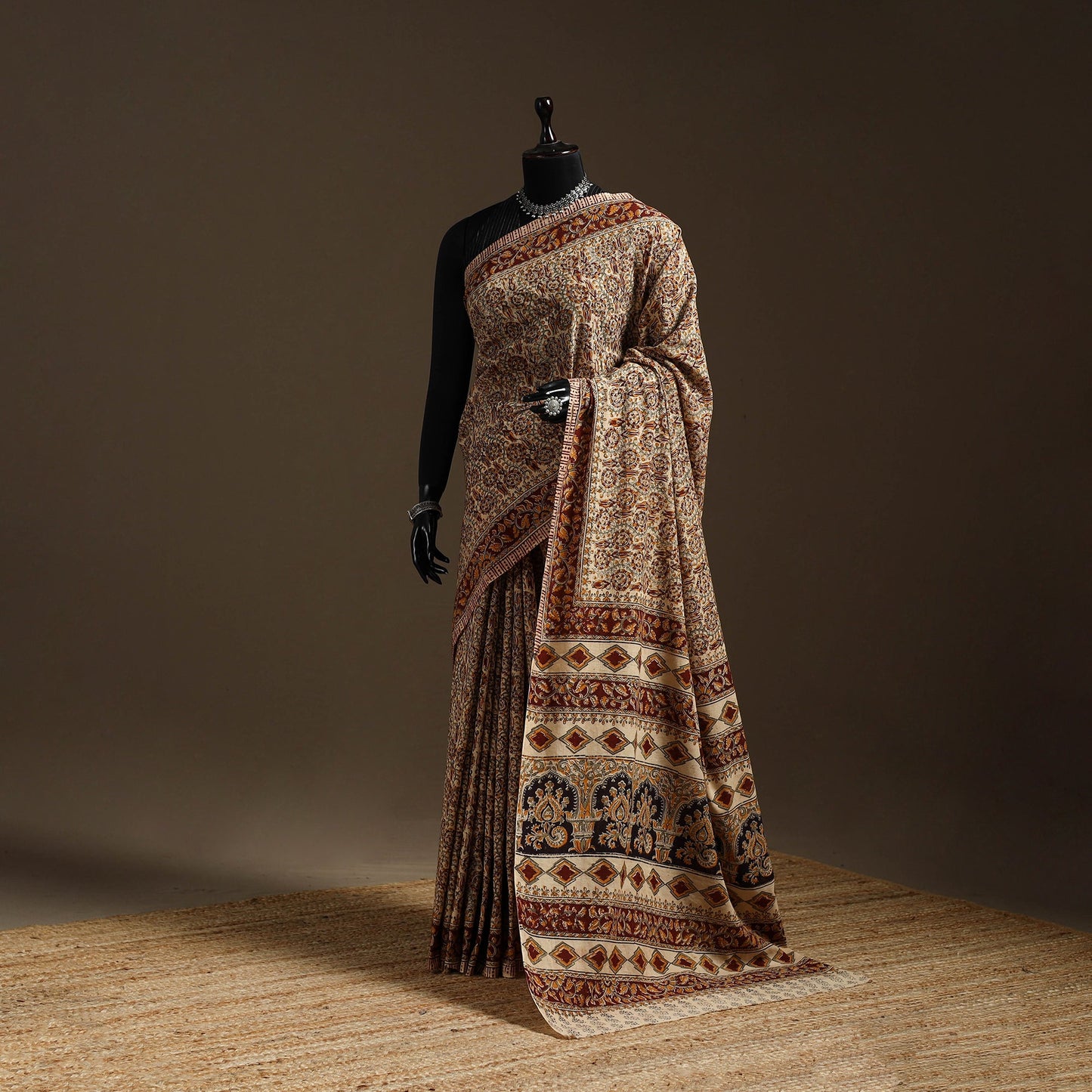 Beige - natural dyed pedana cotton kalamkari saree 36