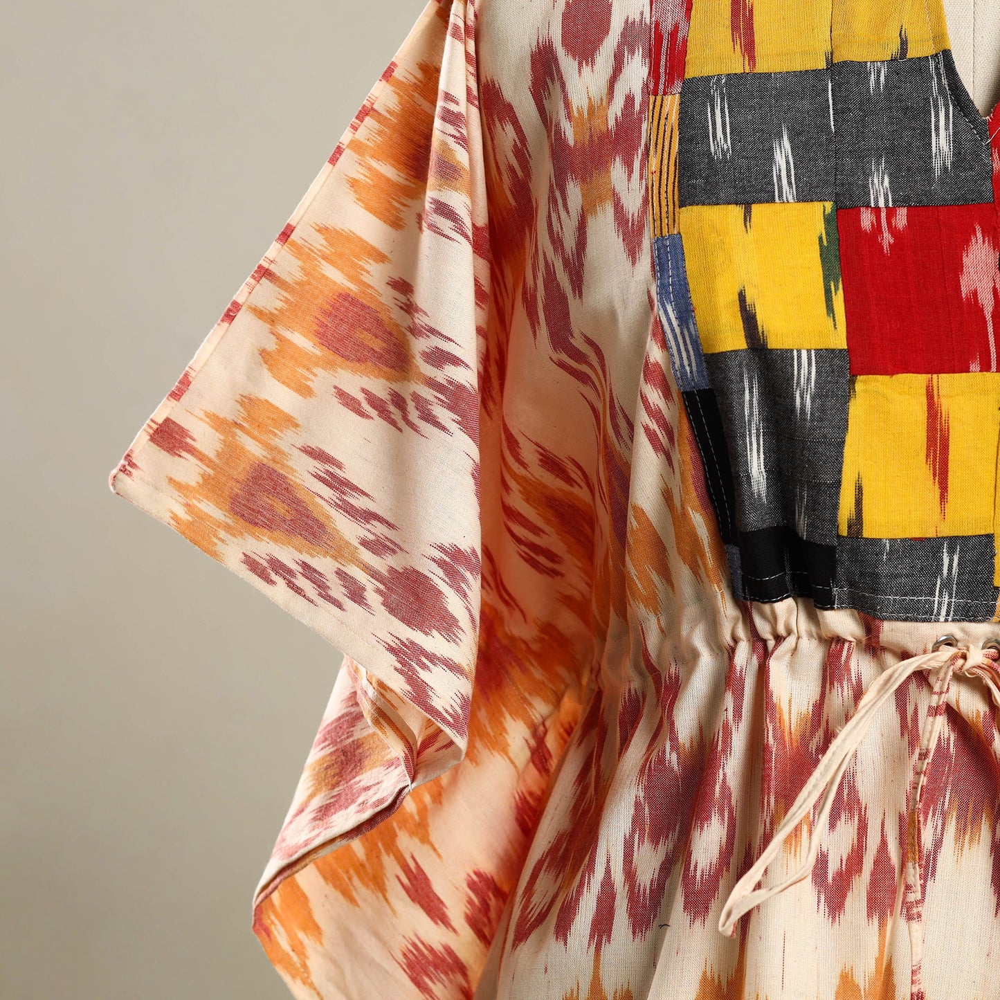 Beige Patchwork Pochampally Ikat Cotton Kaftan (Short)