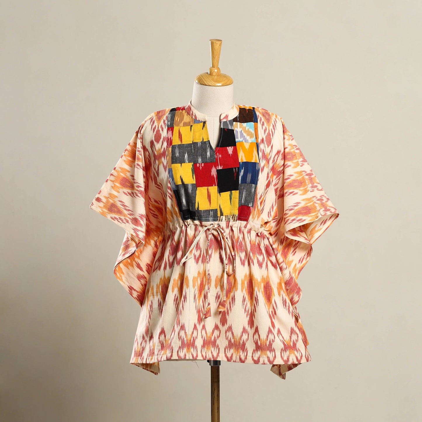 Beige Patchwork Pochampally Ikat Cotton Kaftan (Short)