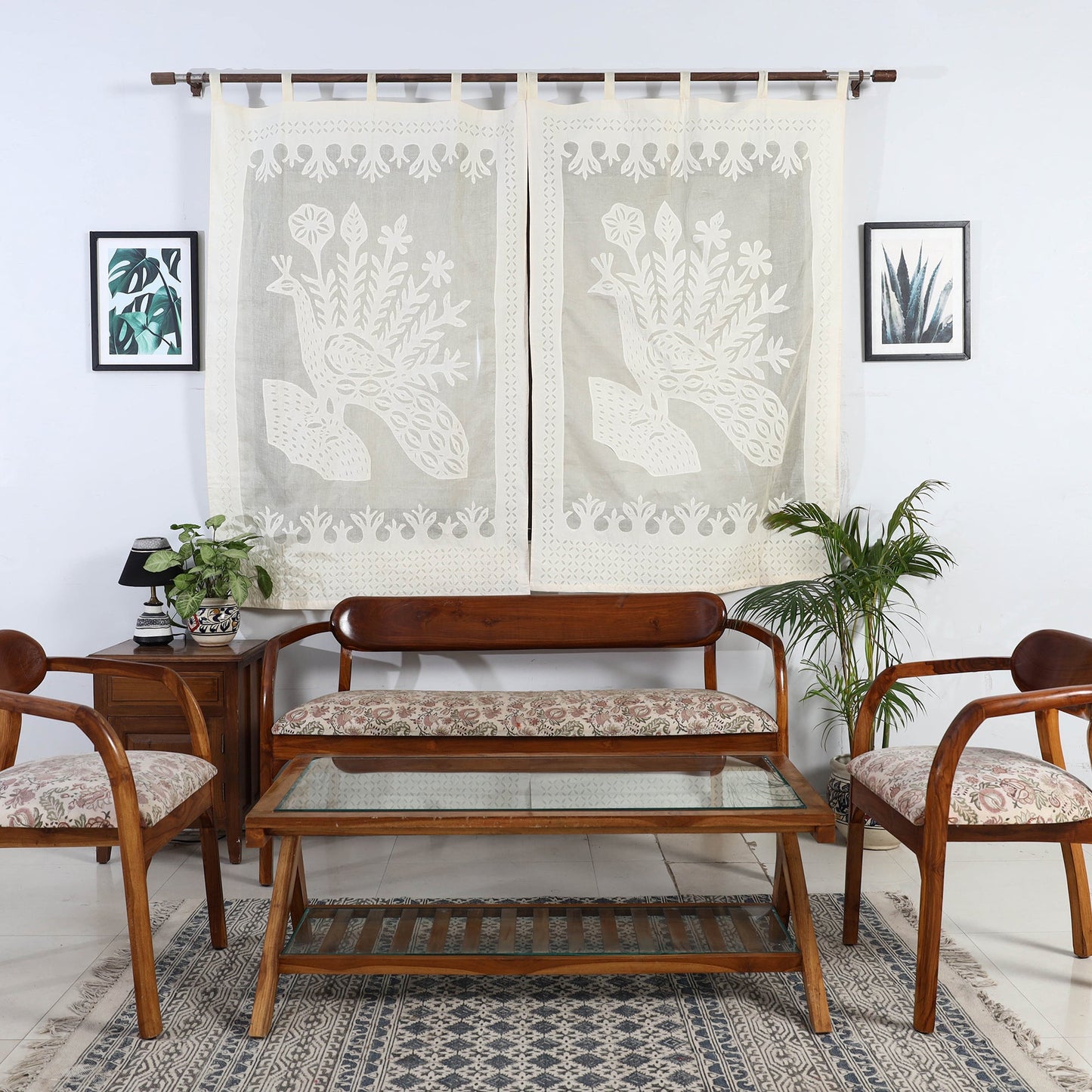 Beige Peacock Cutwork Cotton Barmer Applique Window Curtain