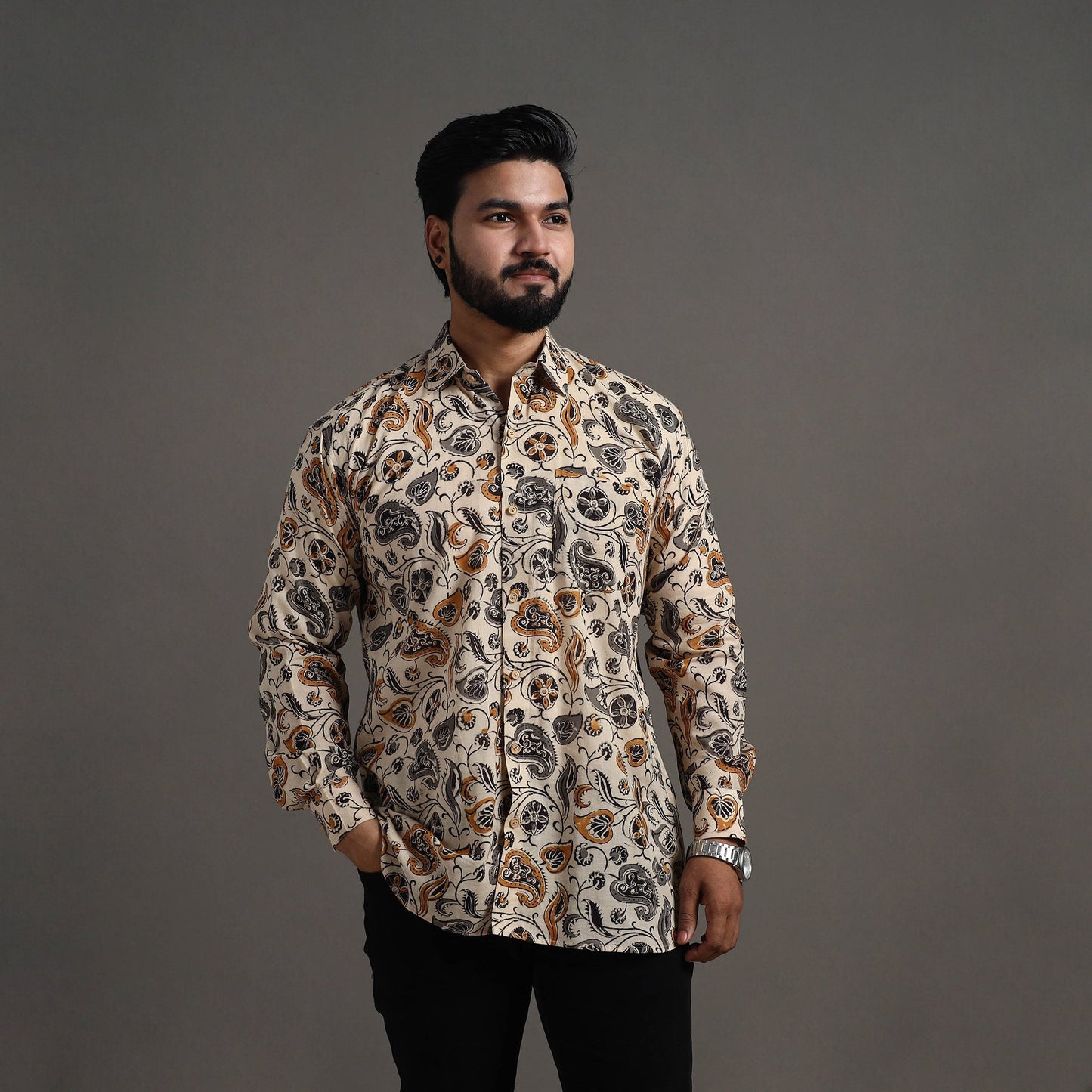 Buy Beige Pedana Block Print Cotton Men Kalamkari Shirt