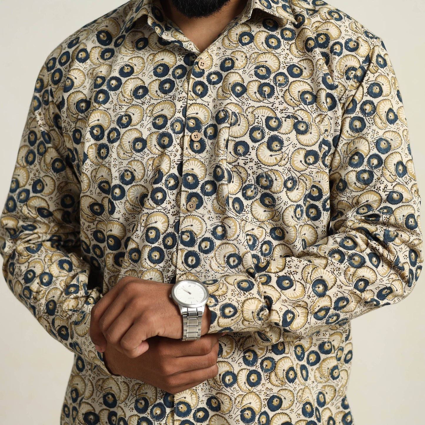 Beige Pedana Block Print Cotton Men Kalamkari Shirt