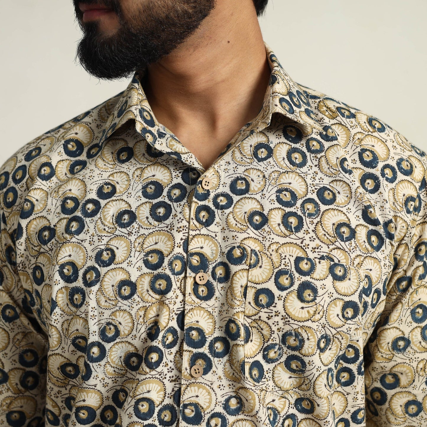Beige Pedana Block Print Cotton Men Kalamkari Shirt