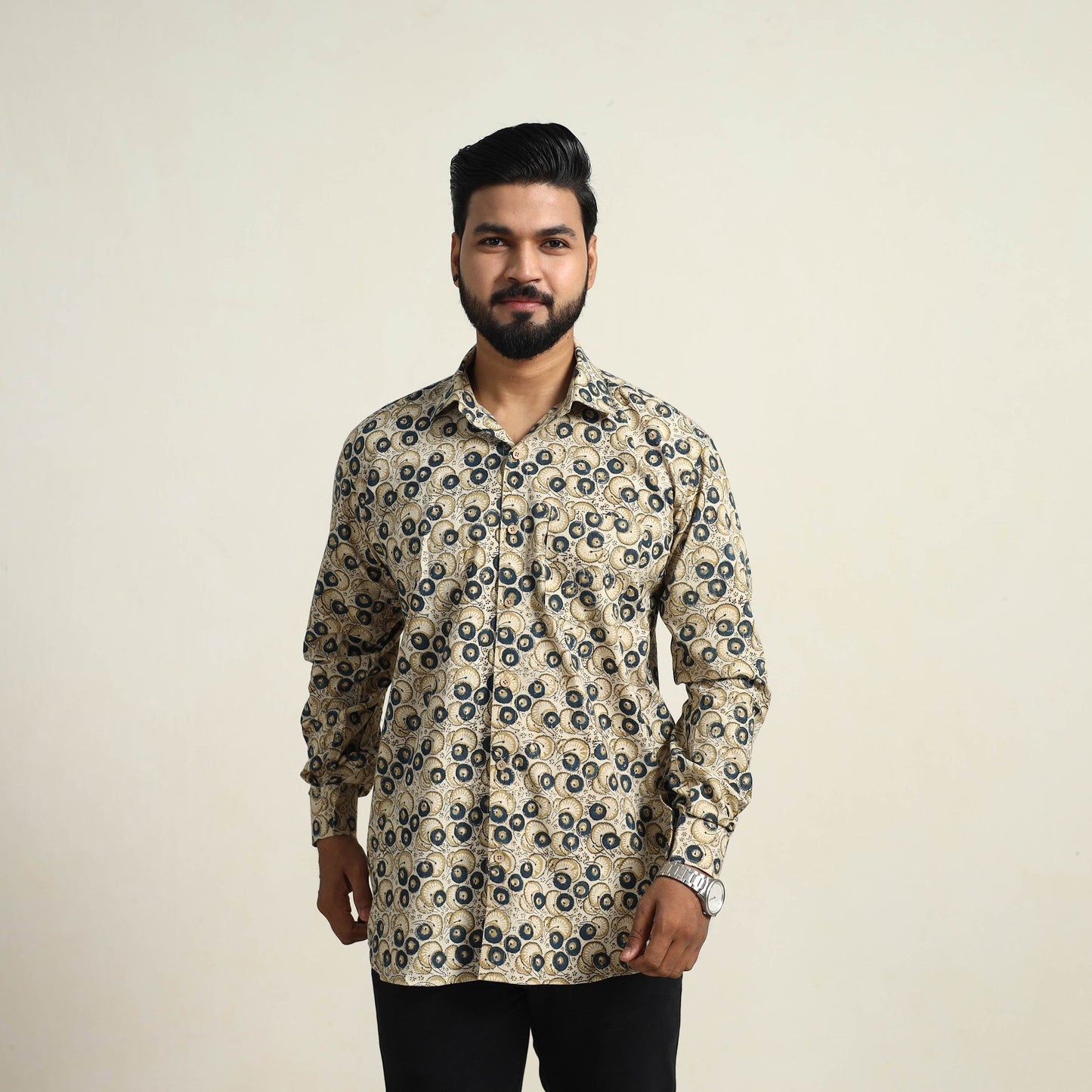 Beige Pedana Block Print Cotton Men Kalamkari Shirt