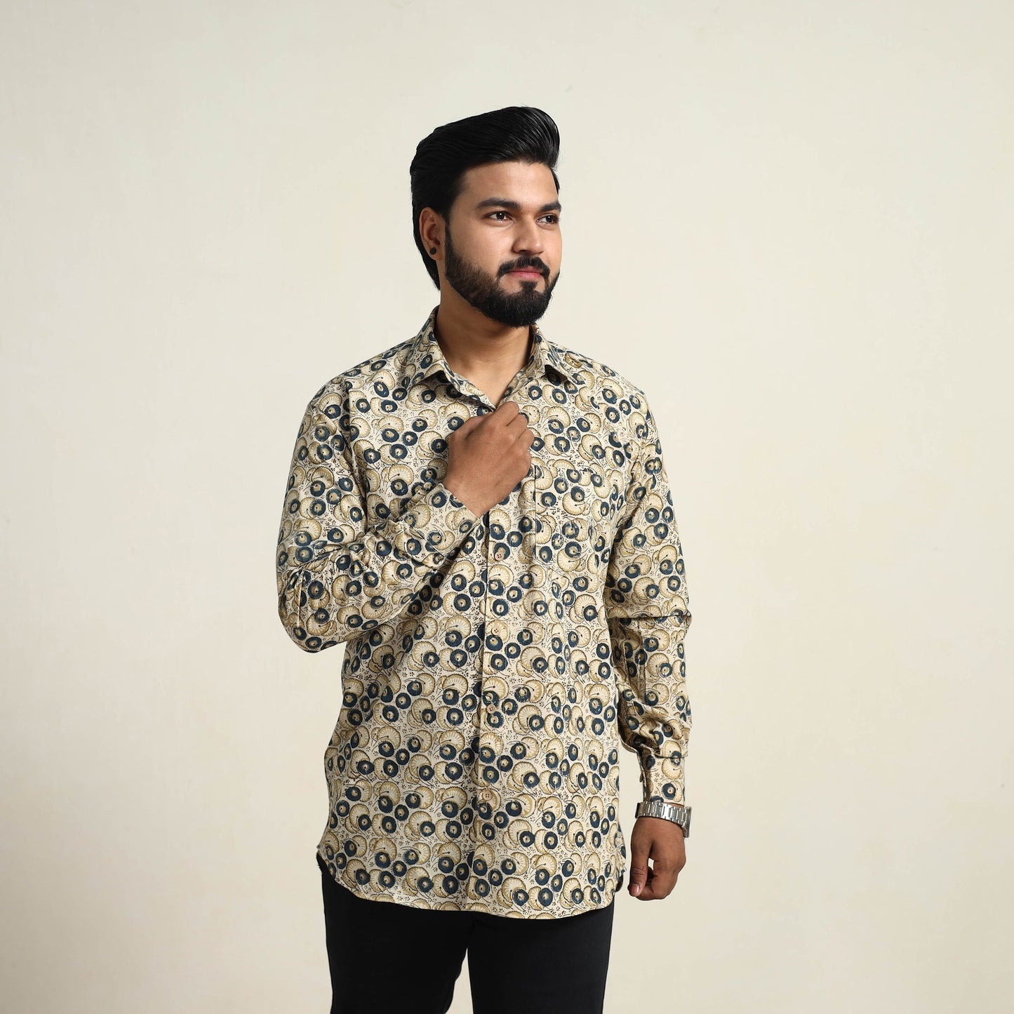 Beige Pedana Block Print Cotton Men Kalamkari Shirt