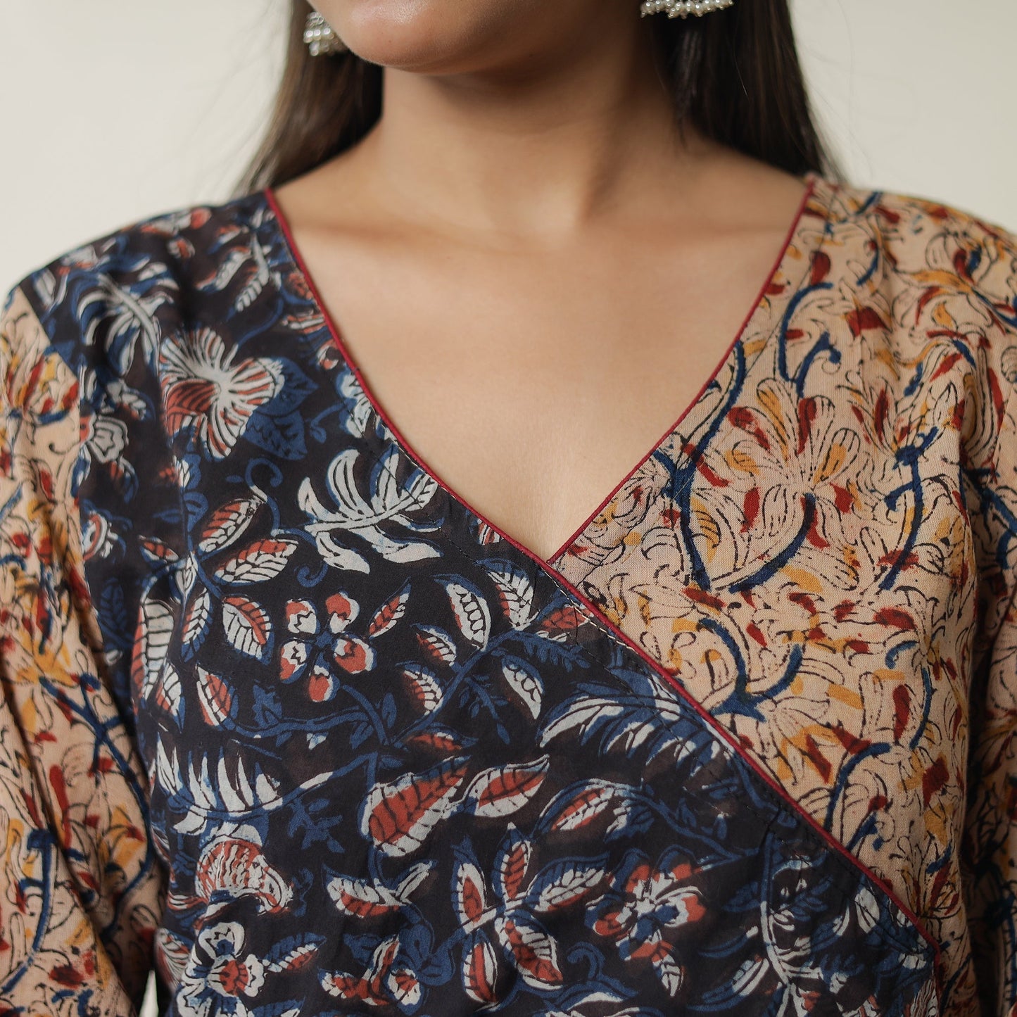 Beige Pedana Block Print Cotton Patchwork Straight Kalamkari Kurta