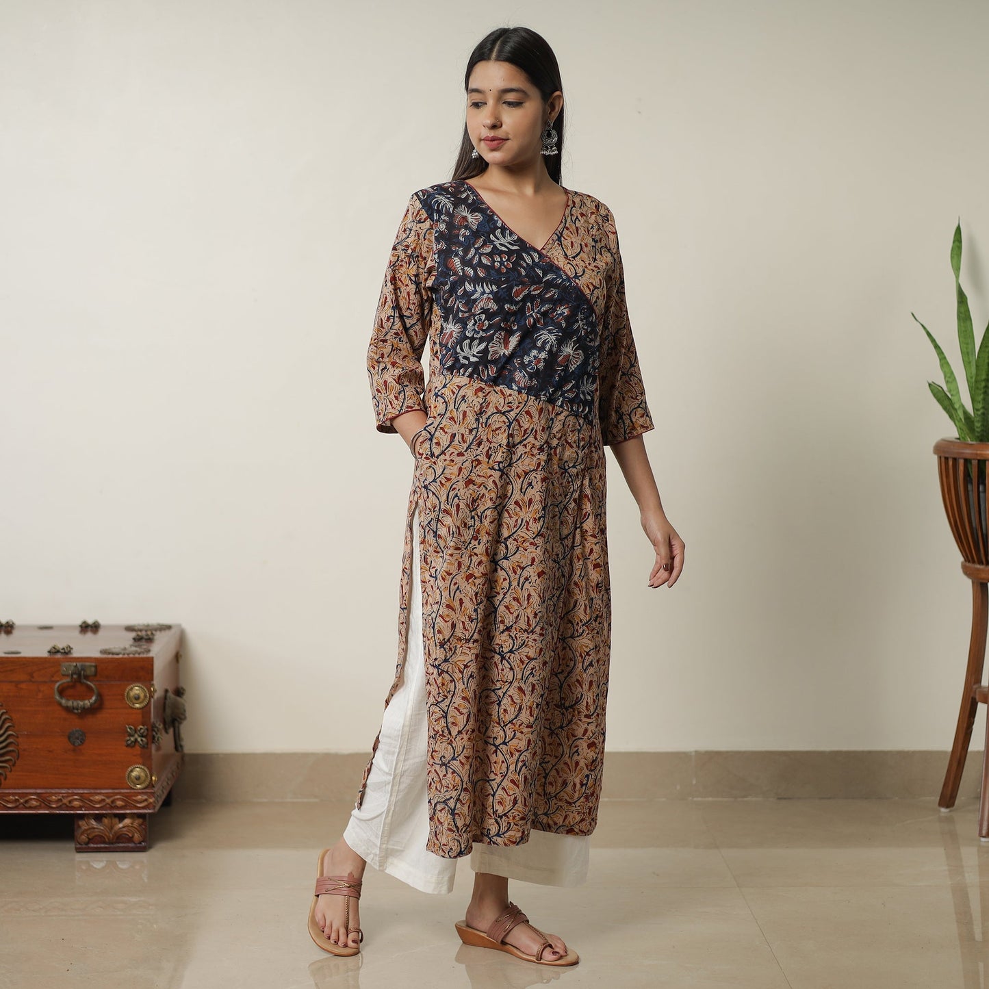 Beige Pedana Block Print Cotton Patchwork Straight Kalamkari Kurta