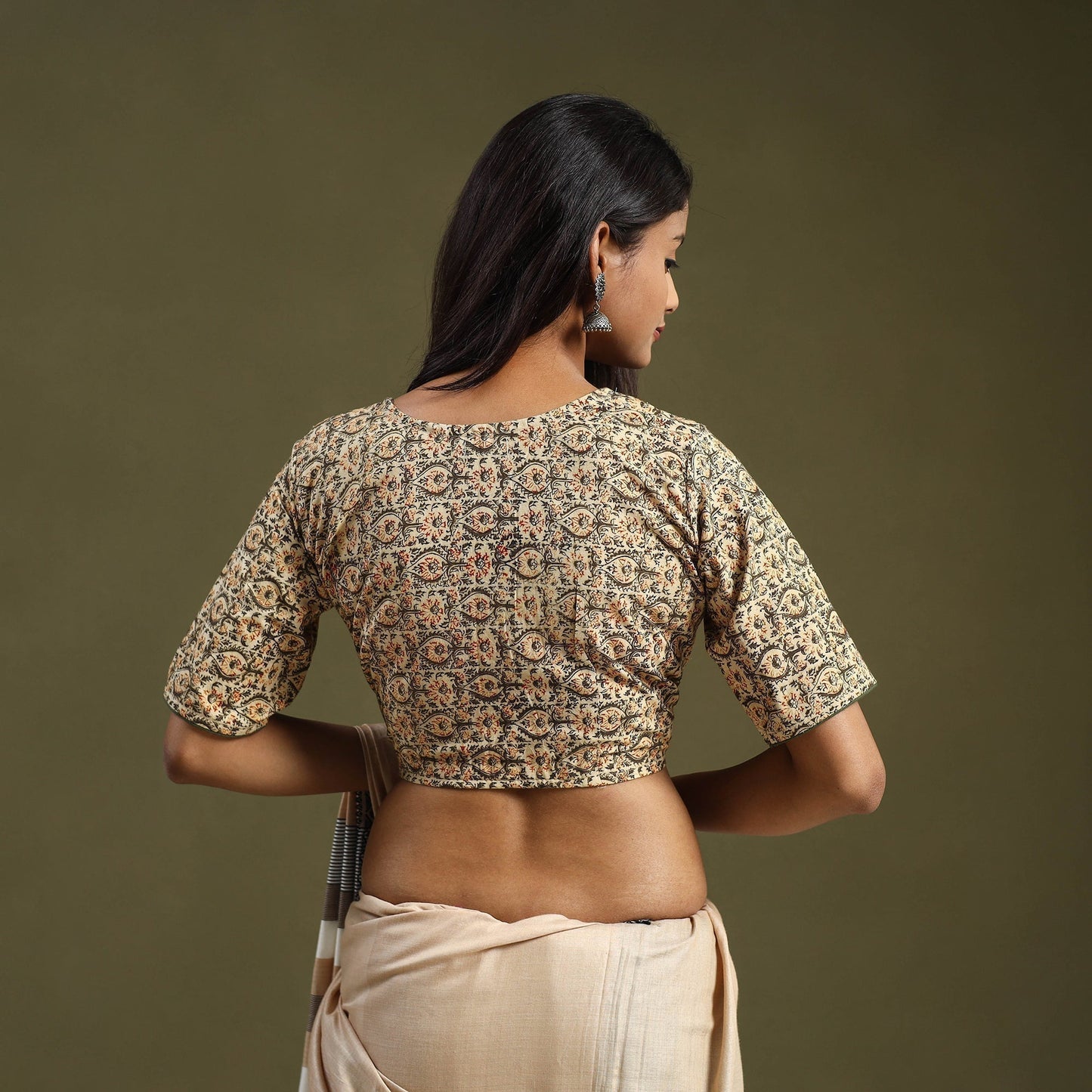 Buy Beige Pedana Block Print Cotton Stitched Kalamkari Blouse