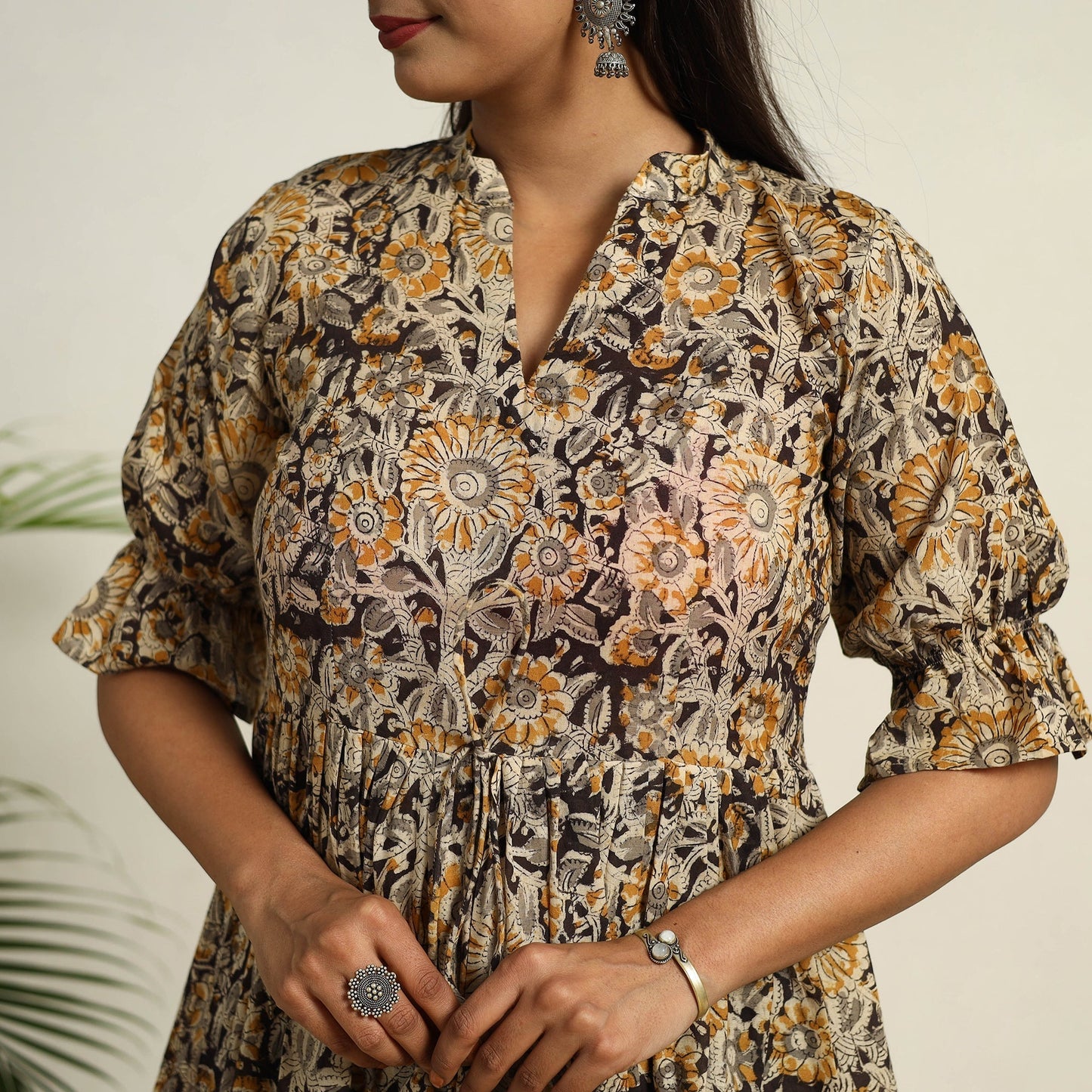 Beige Pedana Block Print Mul Cotton Tiered Kalamkari Dress