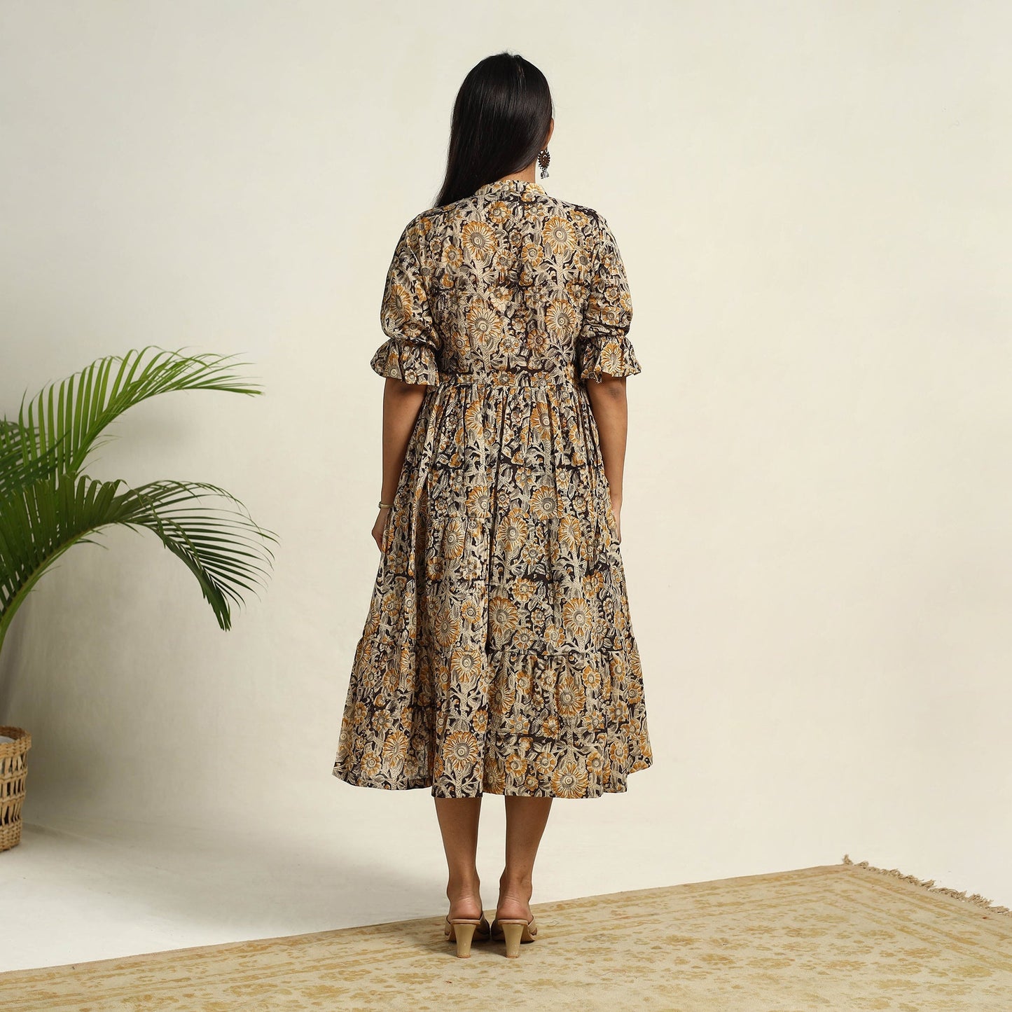 Beige Pedana Block Print Mul Cotton Tiered Kalamkari Dress
