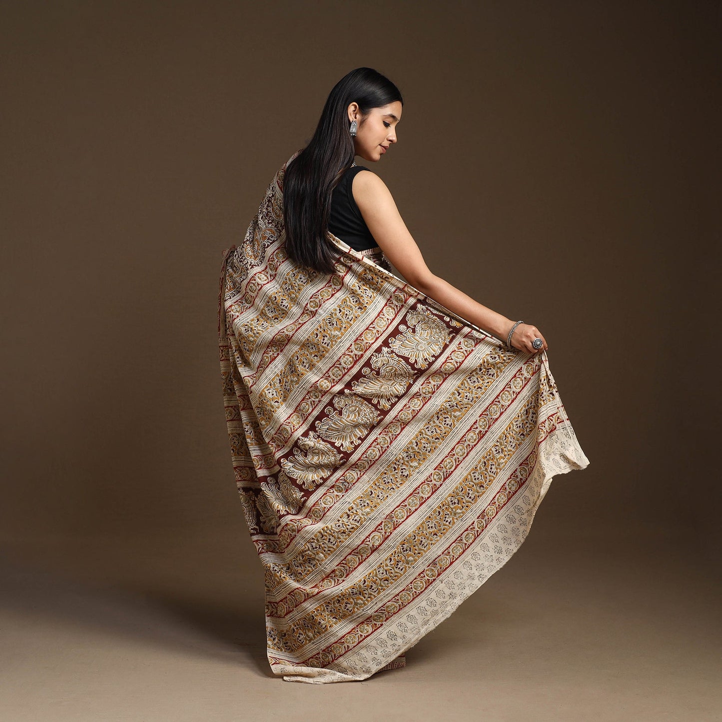 Beige Pedana Block Print Cotton Kalamkari Saree