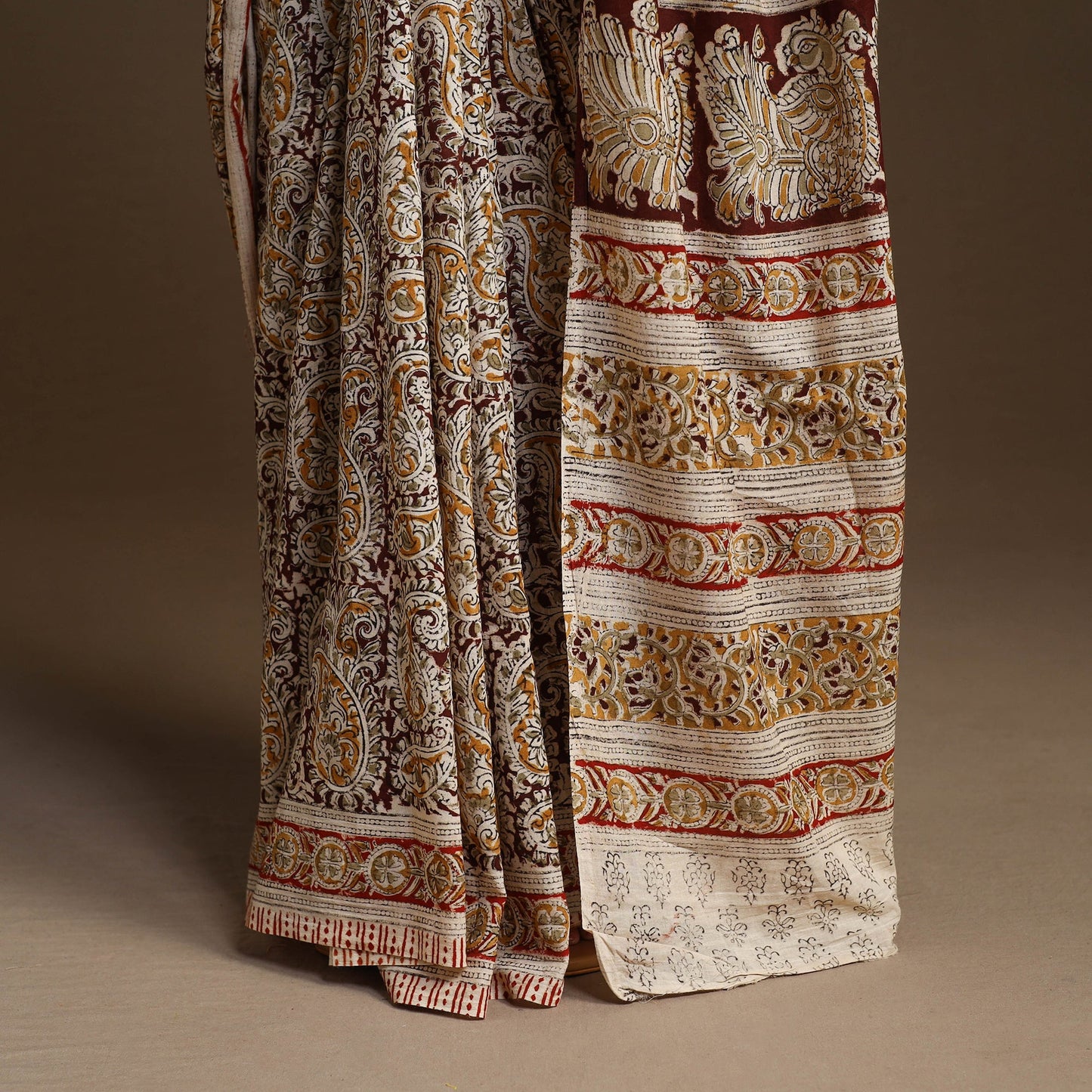 Beige Pedana Block Print Cotton Kalamkari Saree