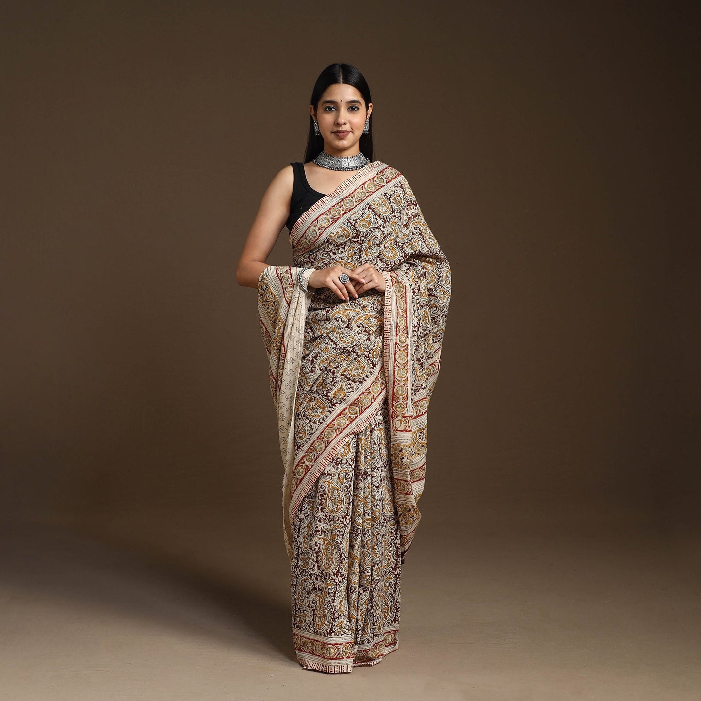 Beige Pedana Block Print Cotton Kalamkari Saree