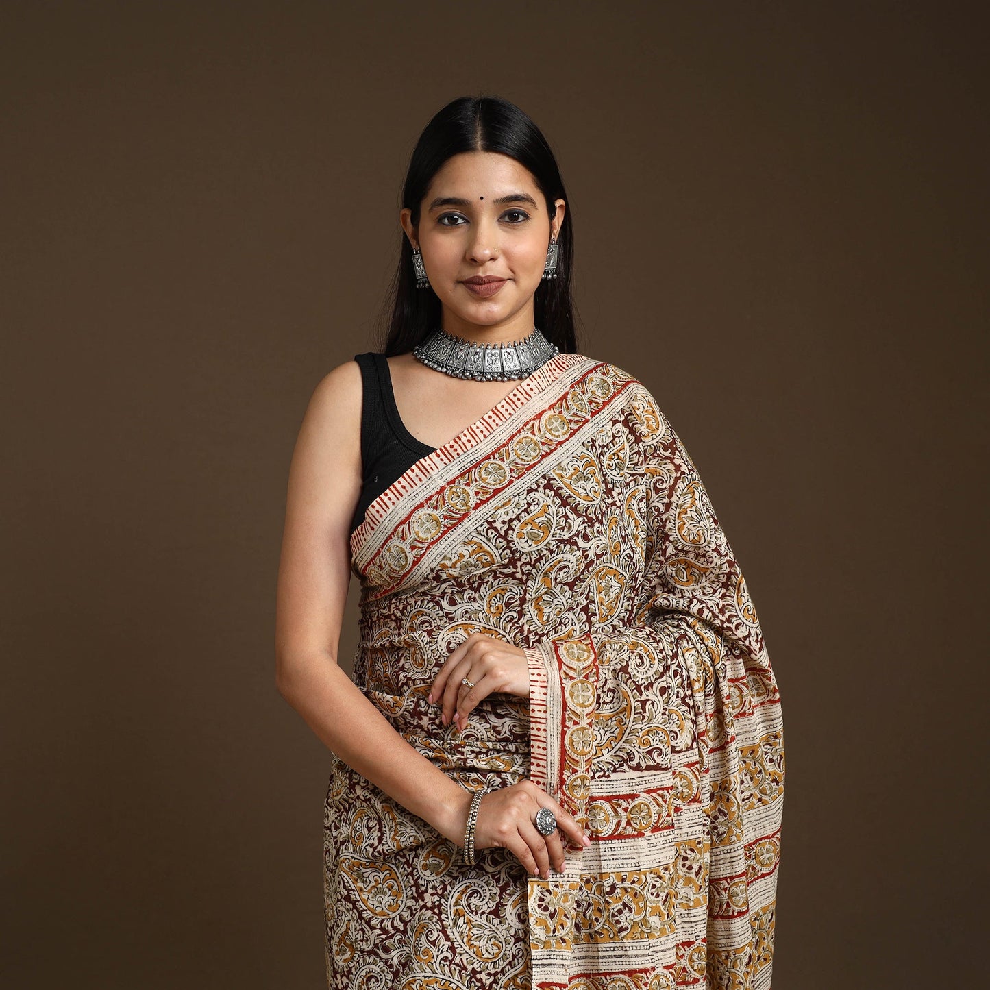 Beige Pedana Block Print Cotton Kalamkari Saree