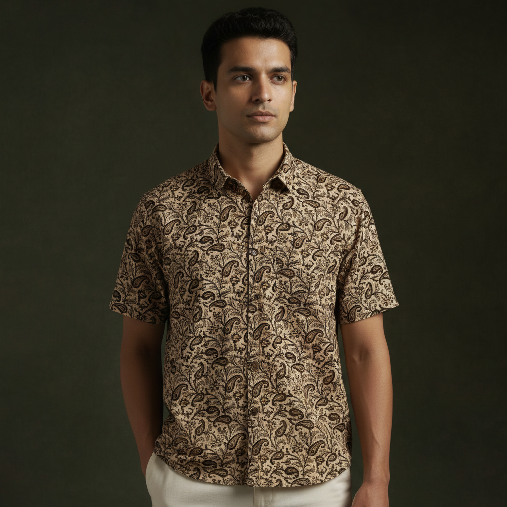 Pedana hand block print natural dyed cotton half sleeve men