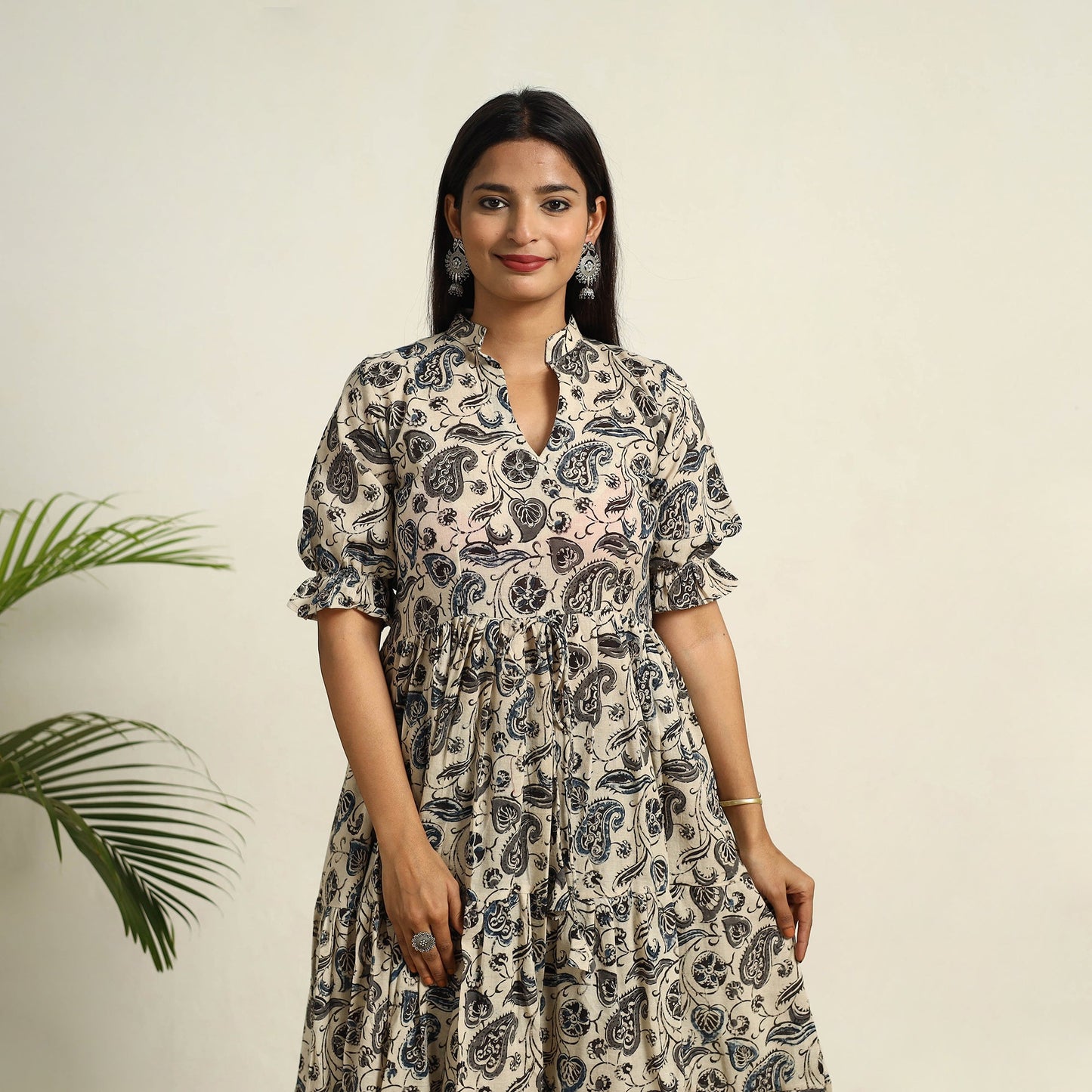 Pedana Block Print Mul Cotton Tiered Beige Kalamkari Dress
