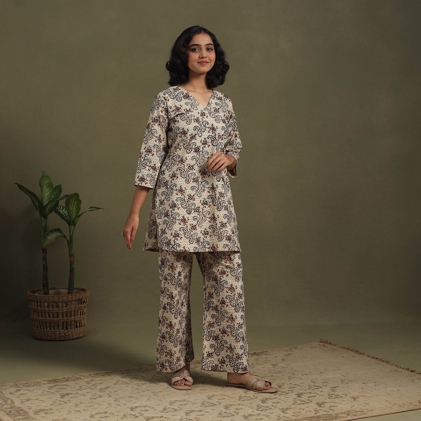 Beige Pedana Natural Dyed Block Print Kalamkari Co-ord Set
