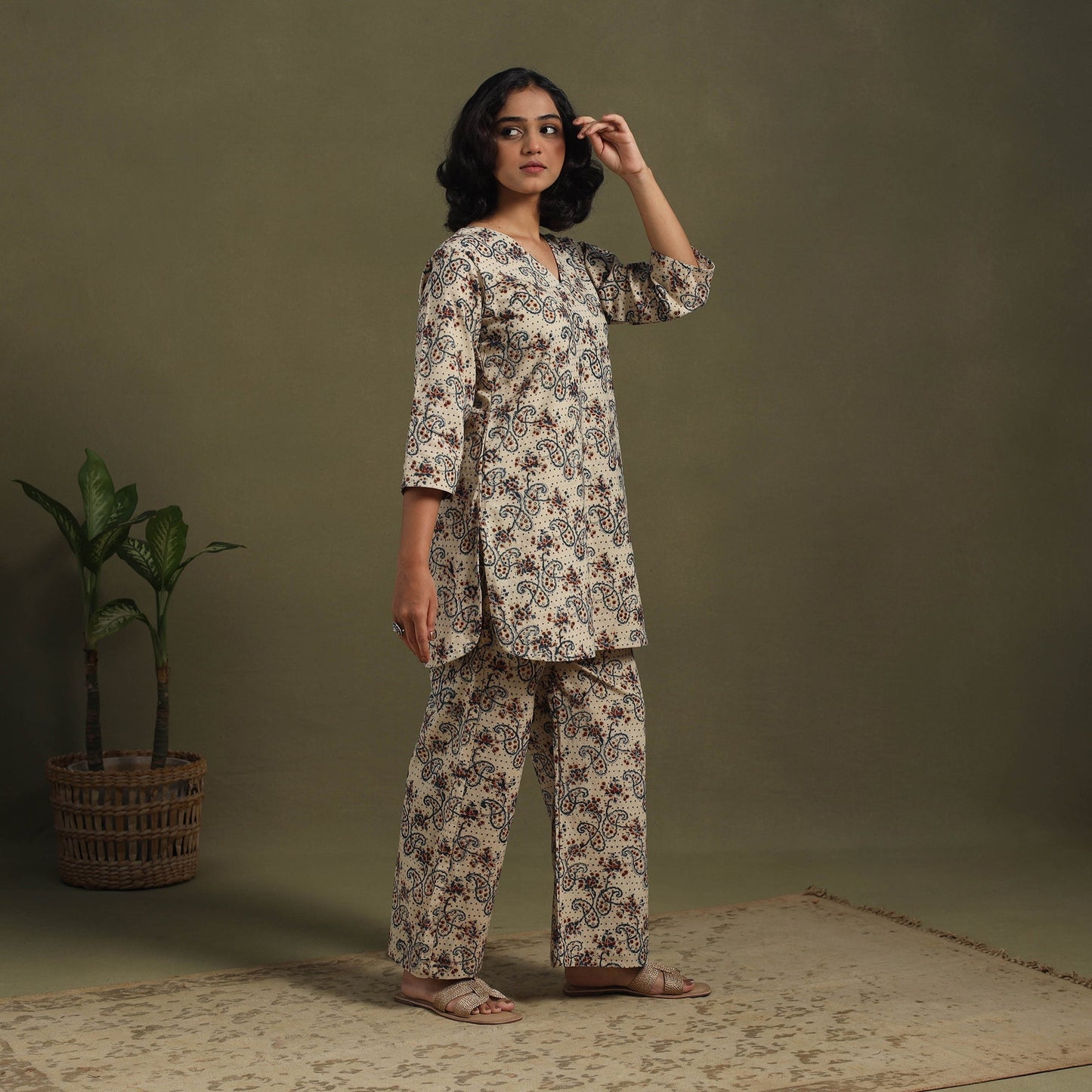Beige Pedana Natural Dyed Block Print Kalamkari Co-ord Set