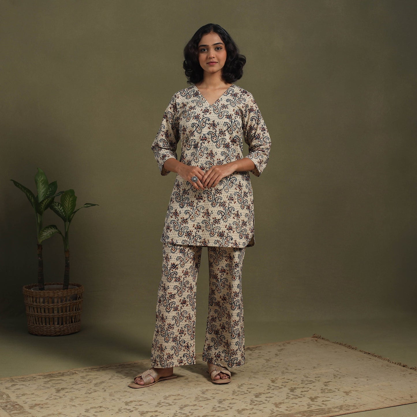 Beige Pedana Natural Dyed Block Print Kalamkari Co-ord Set